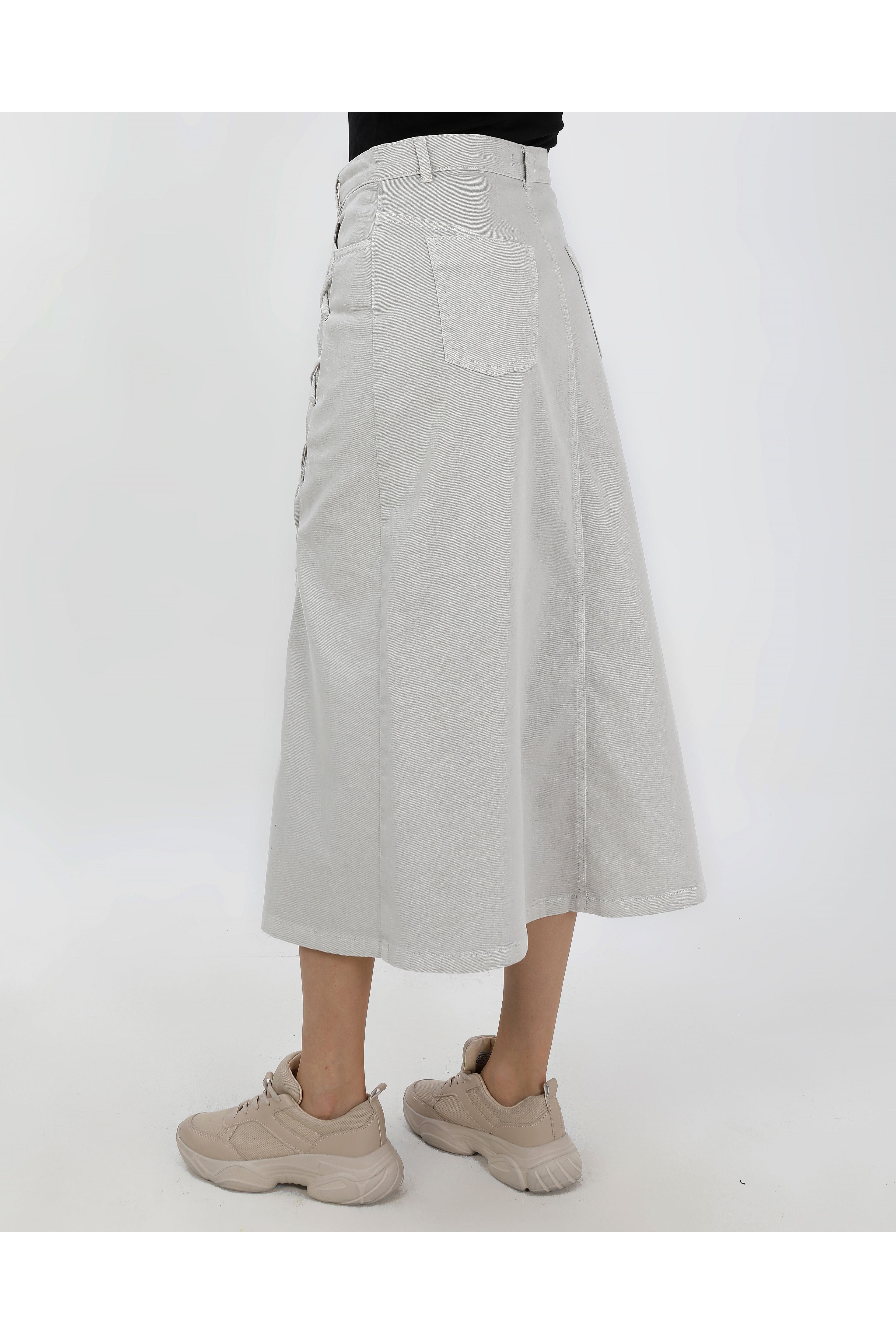 BAĞCIK DETAYLI DENİM ETEK- AÇIK FÜME