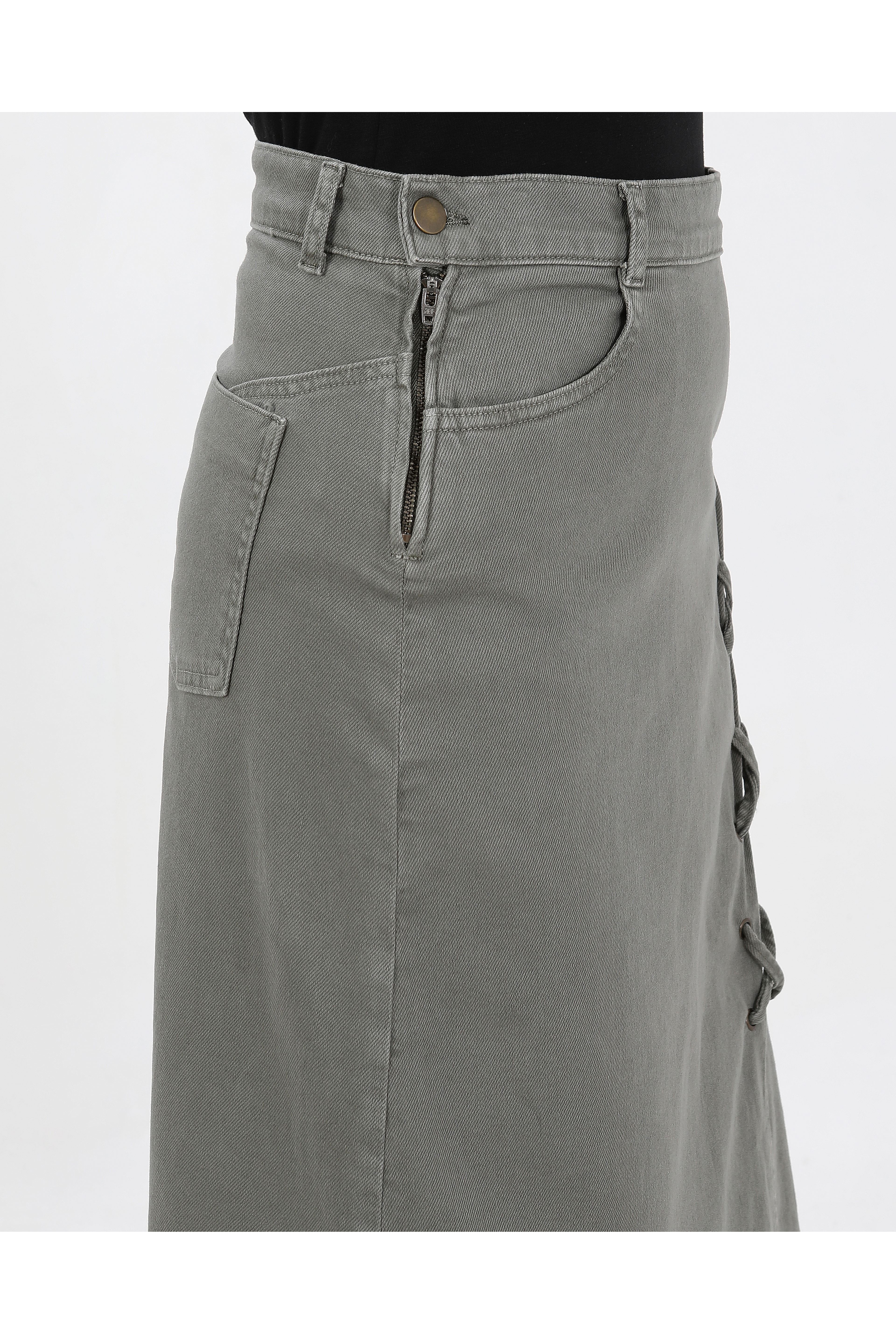 BAĞCIK DETAYLI DENİM ETEK- HAKİ