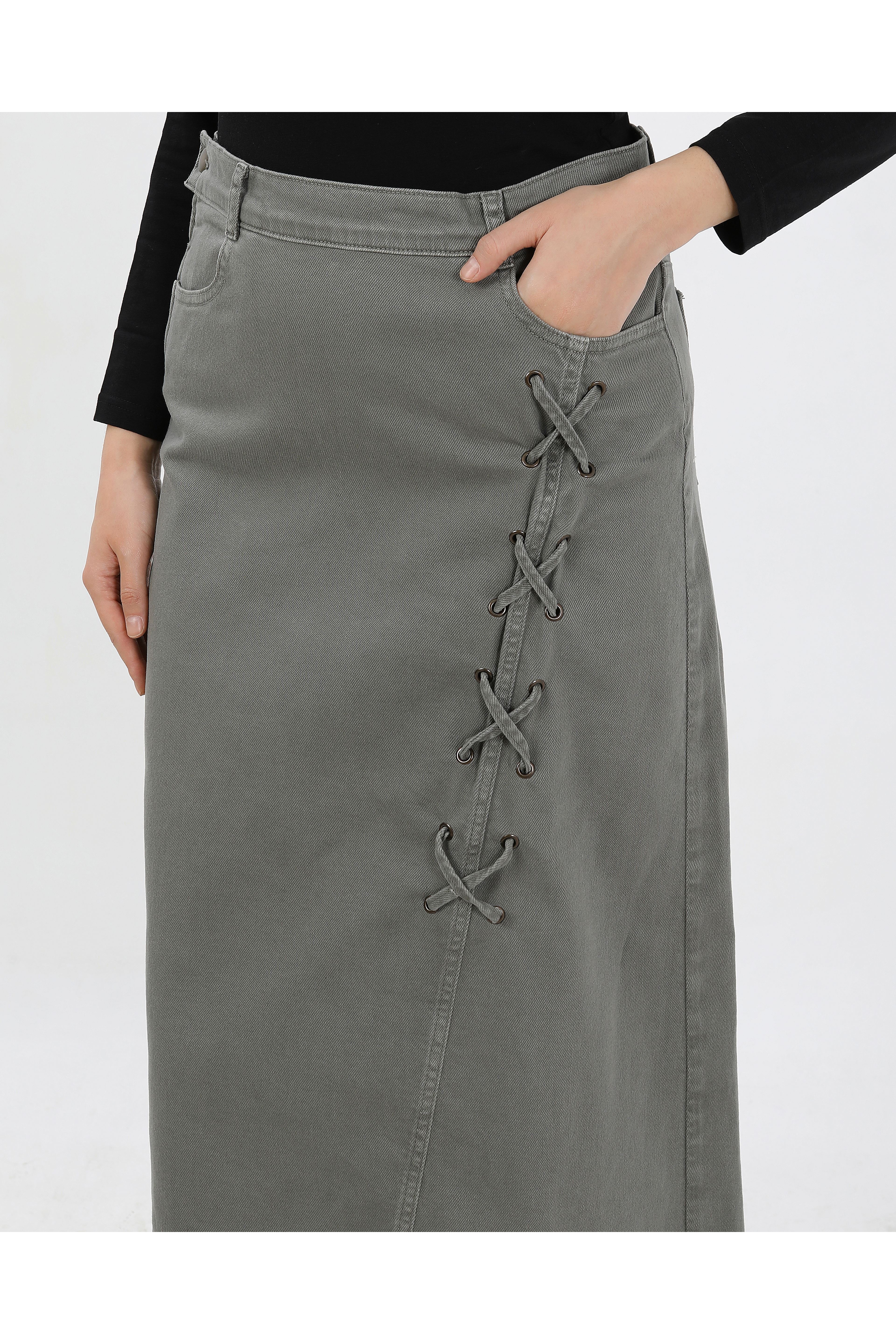 BAĞCIK DETAYLI DENİM ETEK- HAKİ