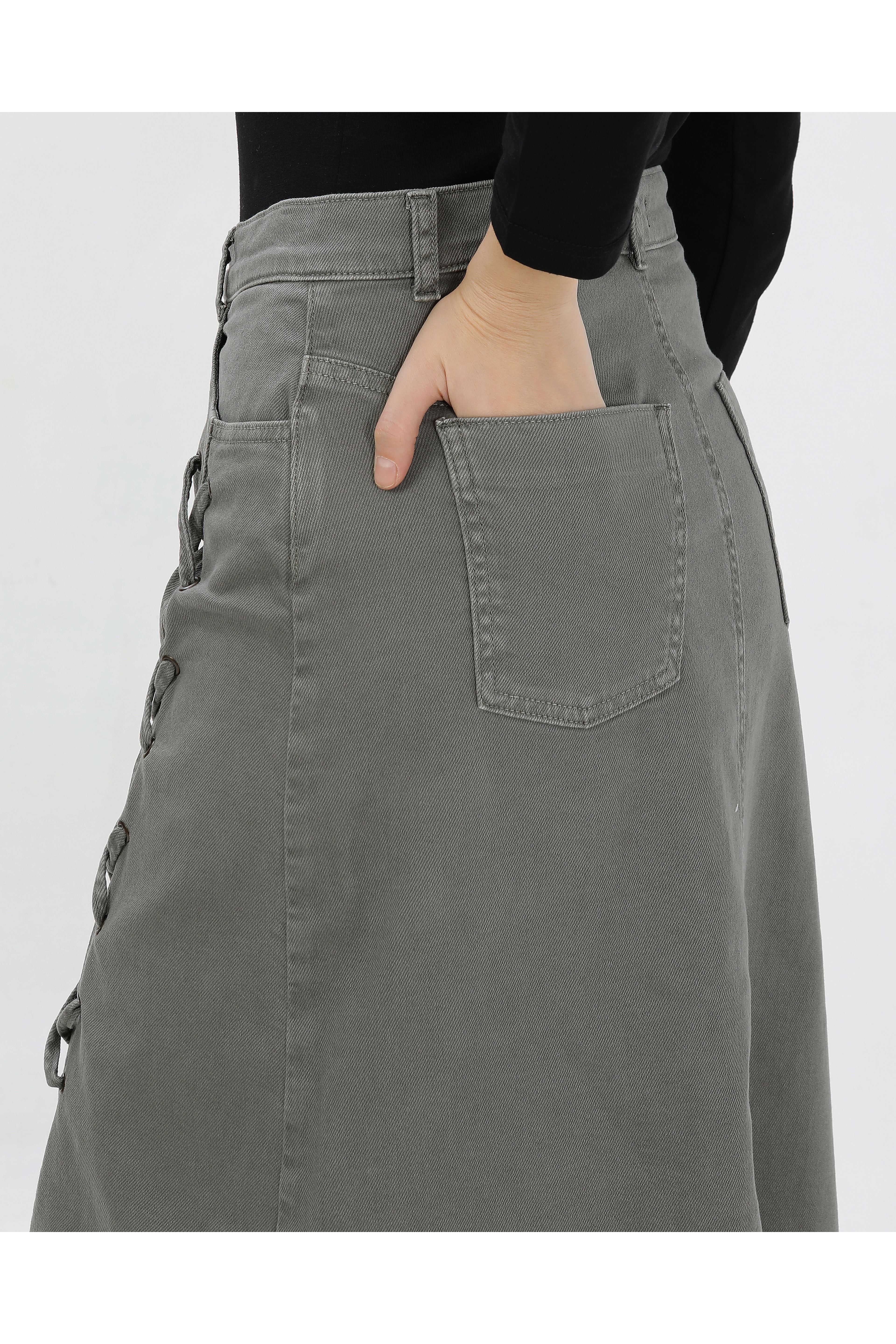 BAĞCIK DETAYLI DENİM ETEK- HAKİ