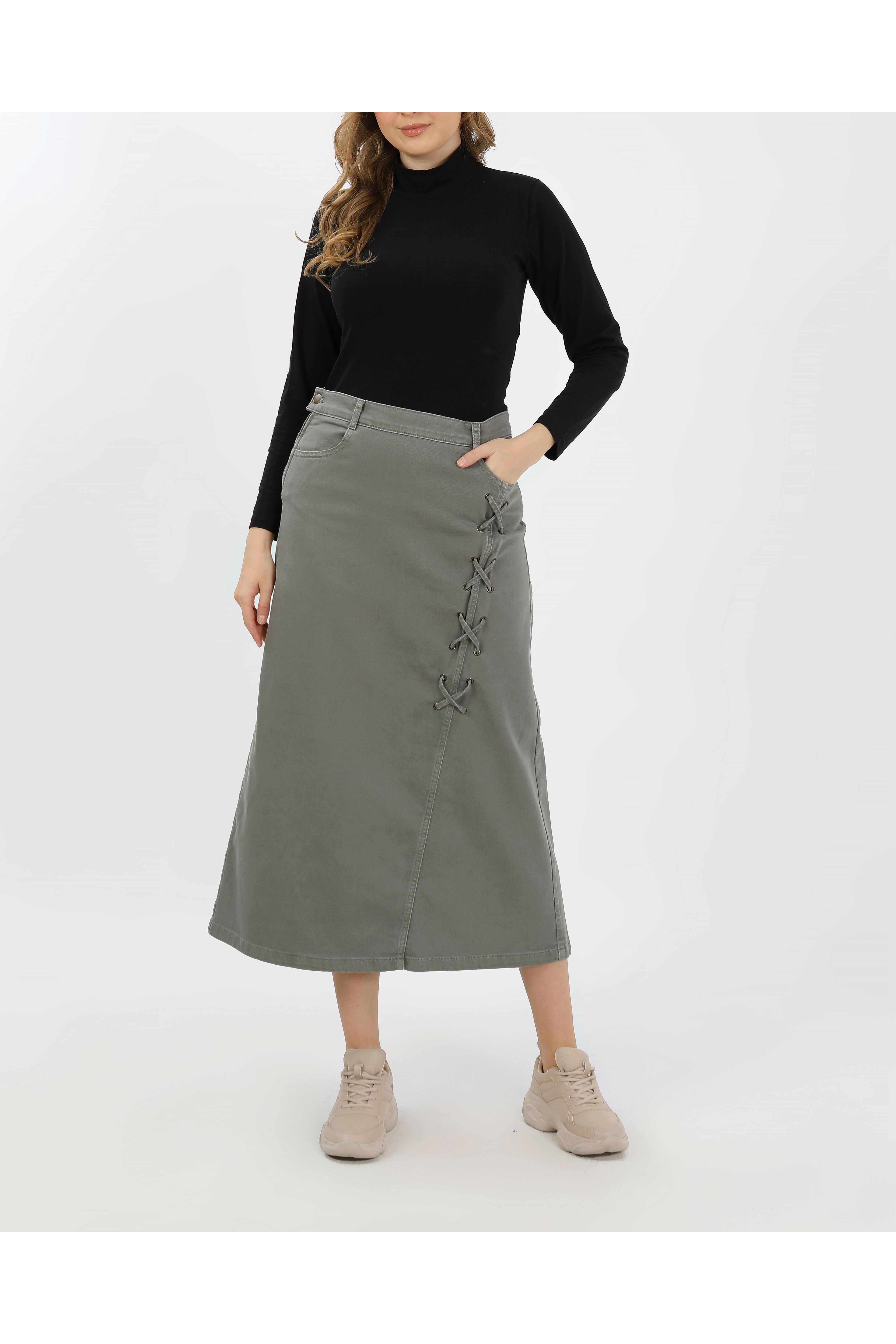 BAĞCIK DETAYLI DENİM ETEK- HAKİ