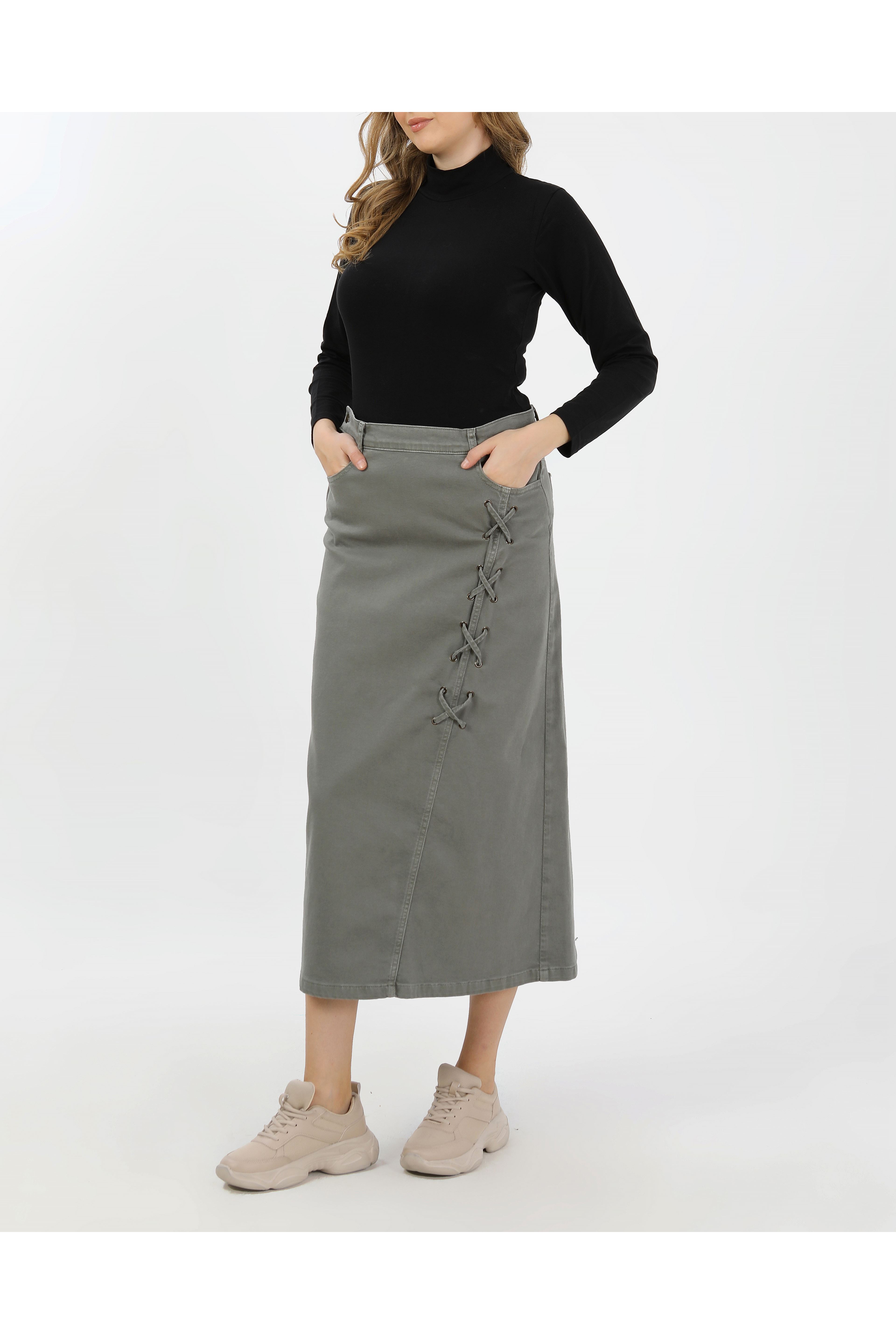 BAĞCIK DETAYLI DENİM ETEK- HAKİ