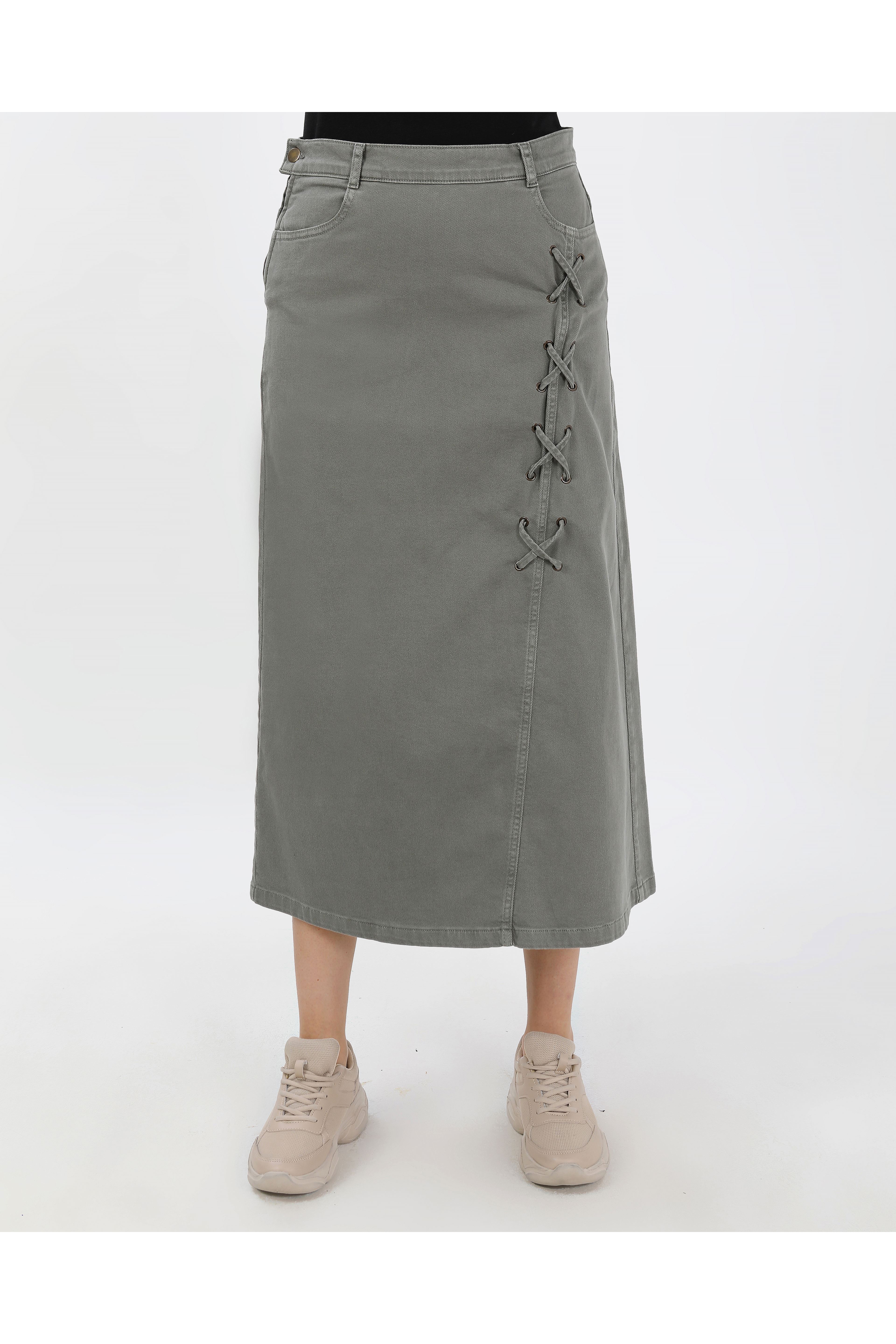 BAĞCIK DETAYLI DENİM ETEK- HAKİ