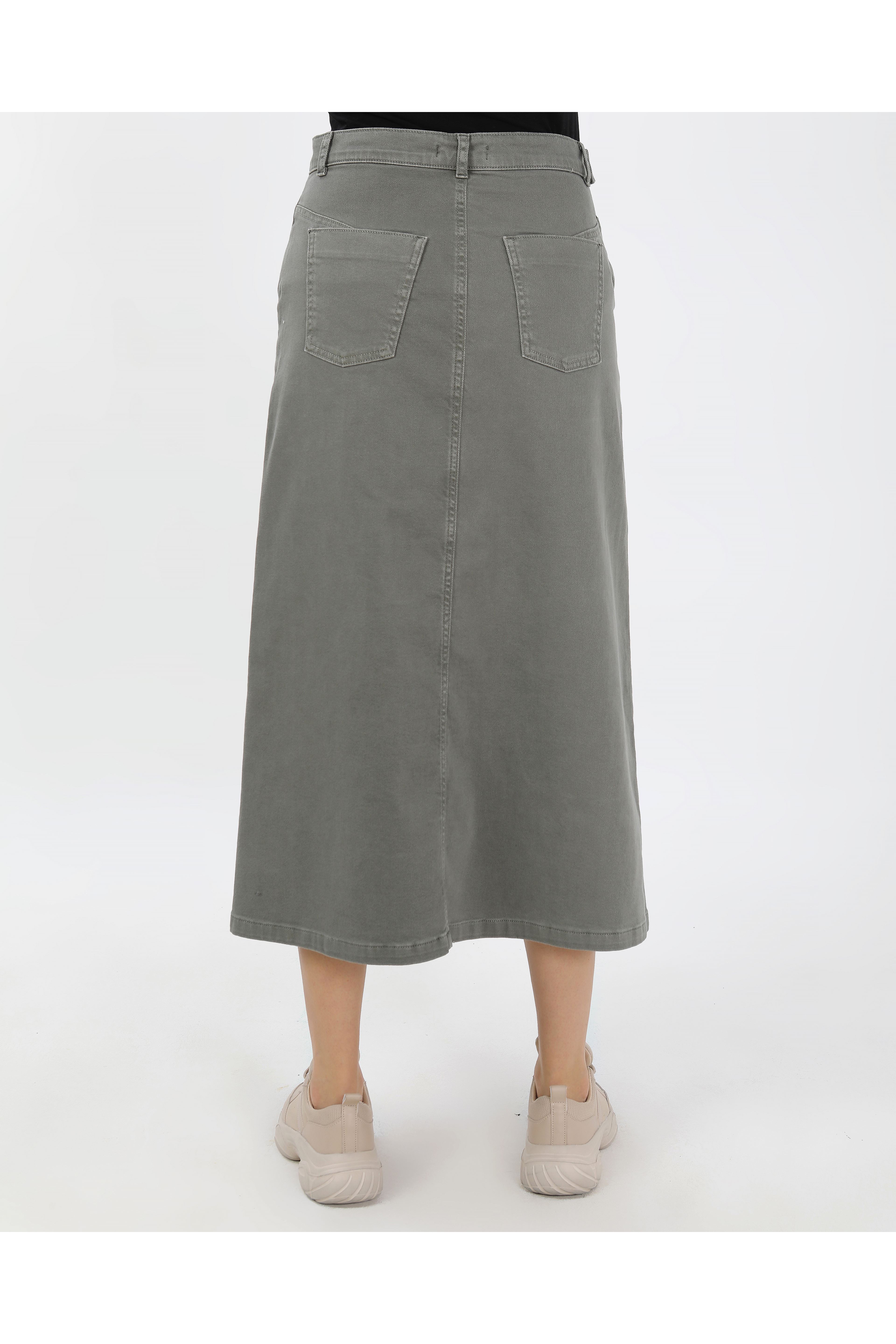 BAĞCIK DETAYLI DENİM ETEK- HAKİ