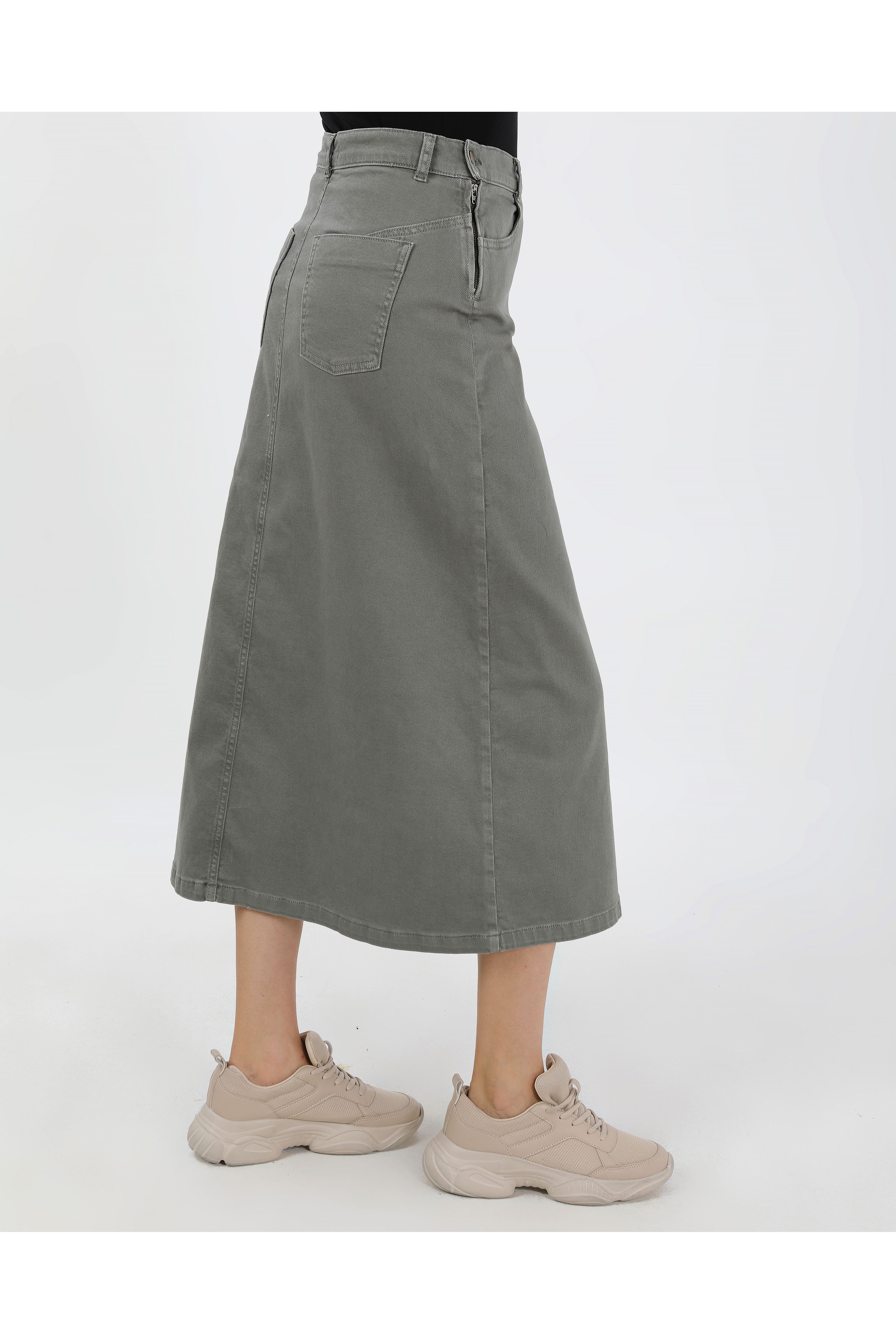 BAĞCIK DETAYLI DENİM ETEK- HAKİ