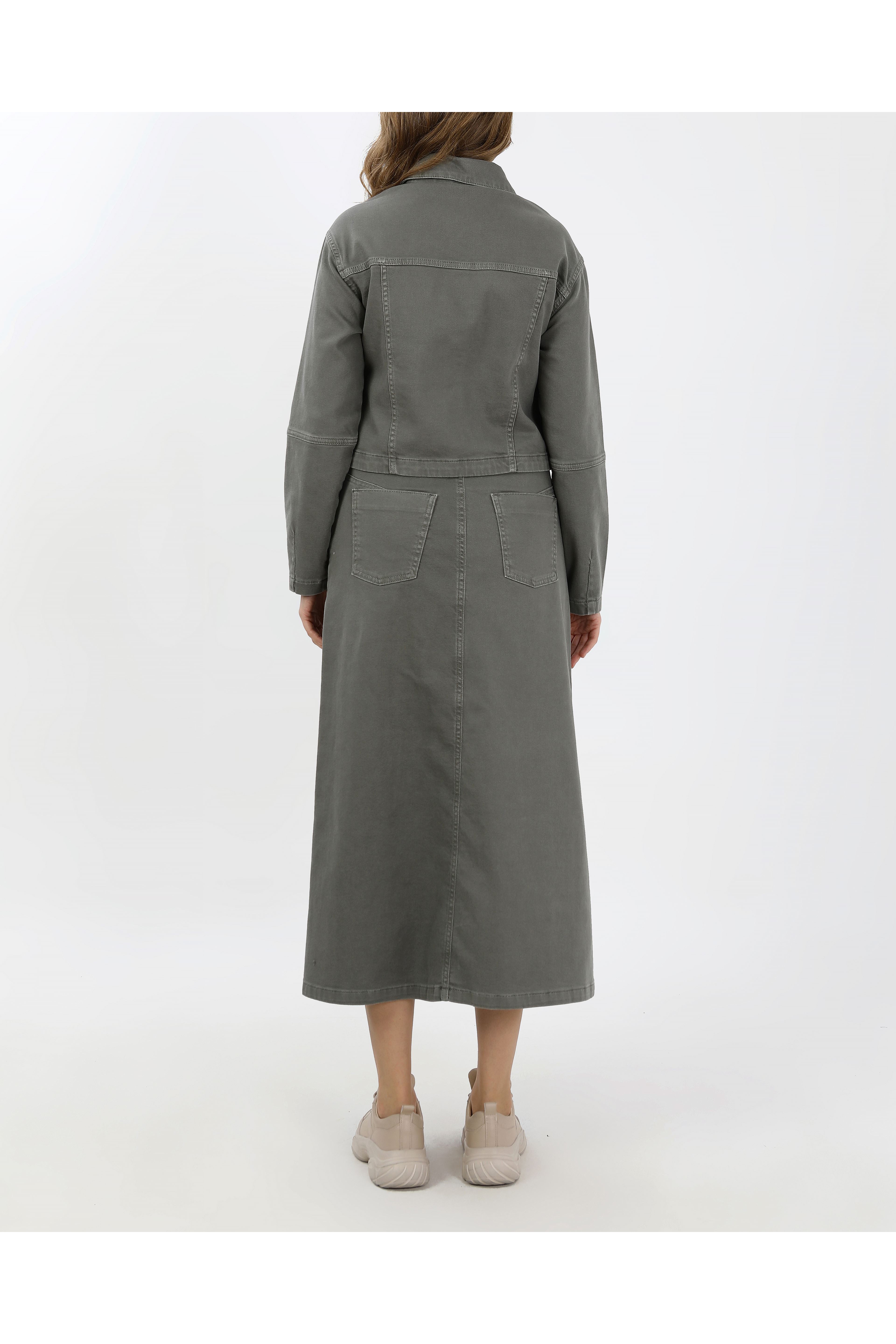 BAĞCIK DETAYLI DENİM CEKET VE ETEK-HAKİ