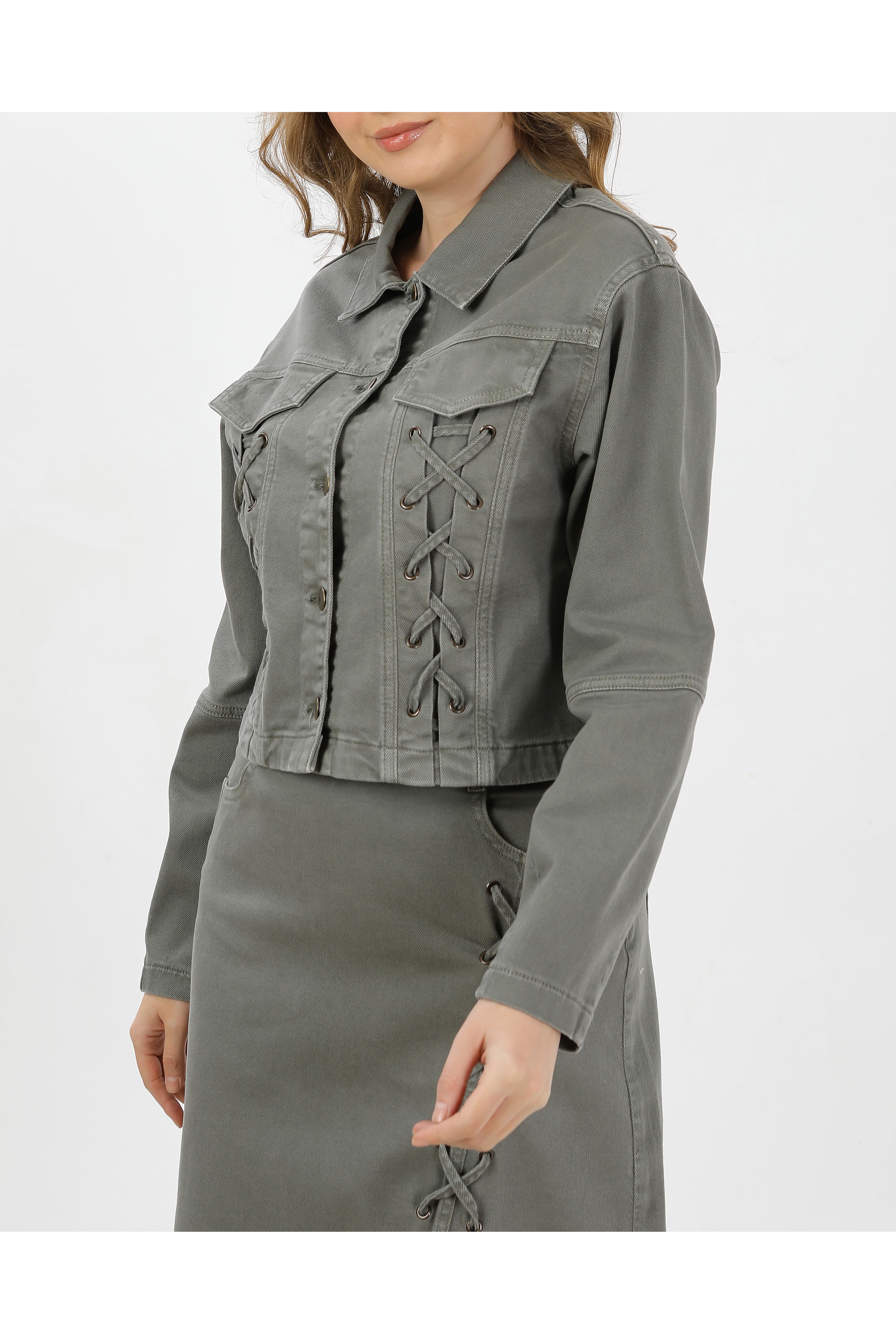 BAĞCIK DETAYLI DENİM CEKET VE ETEK-HAKİ