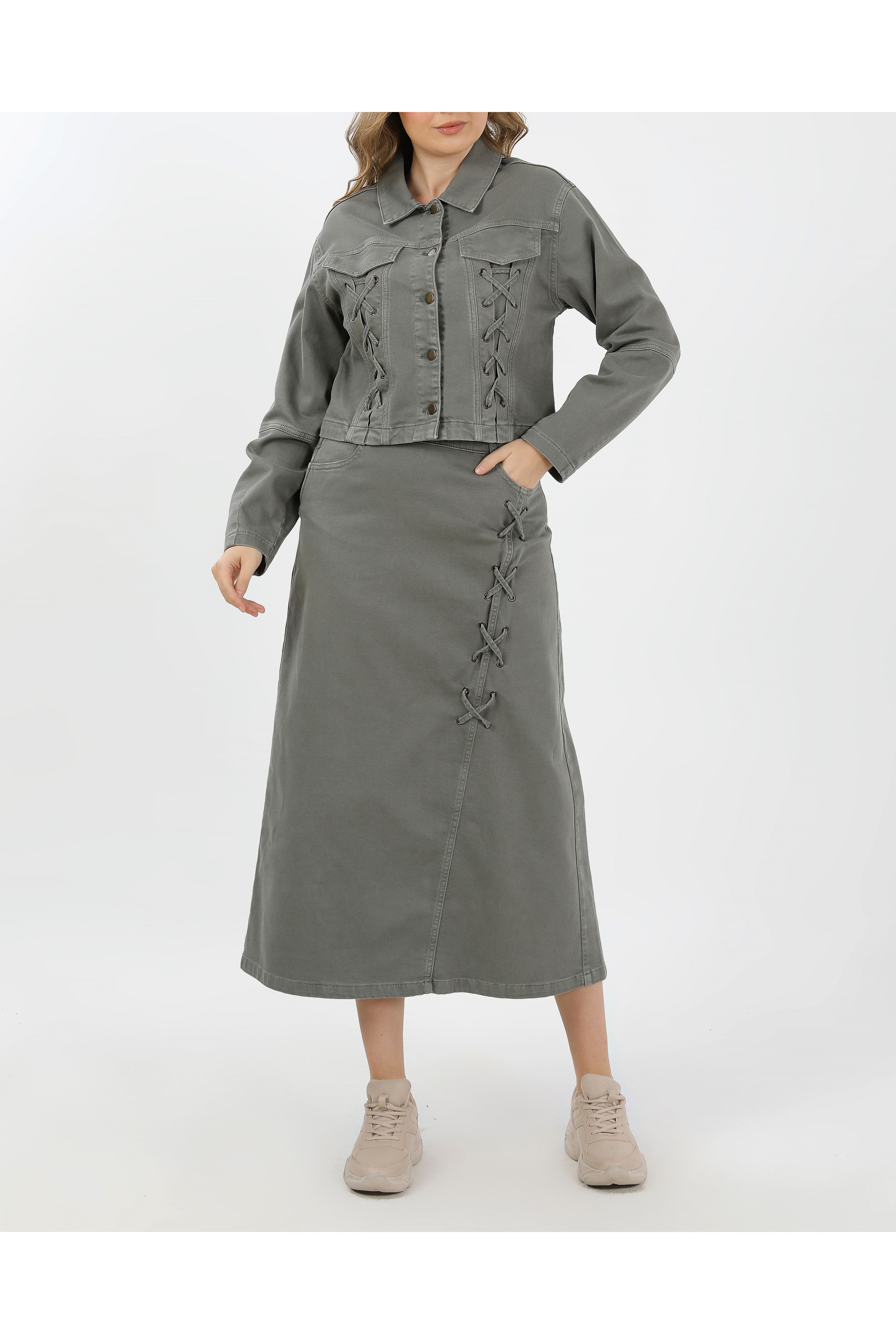 BAĞCIK DETAYLI DENİM CEKET VE ETEK-HAKİ