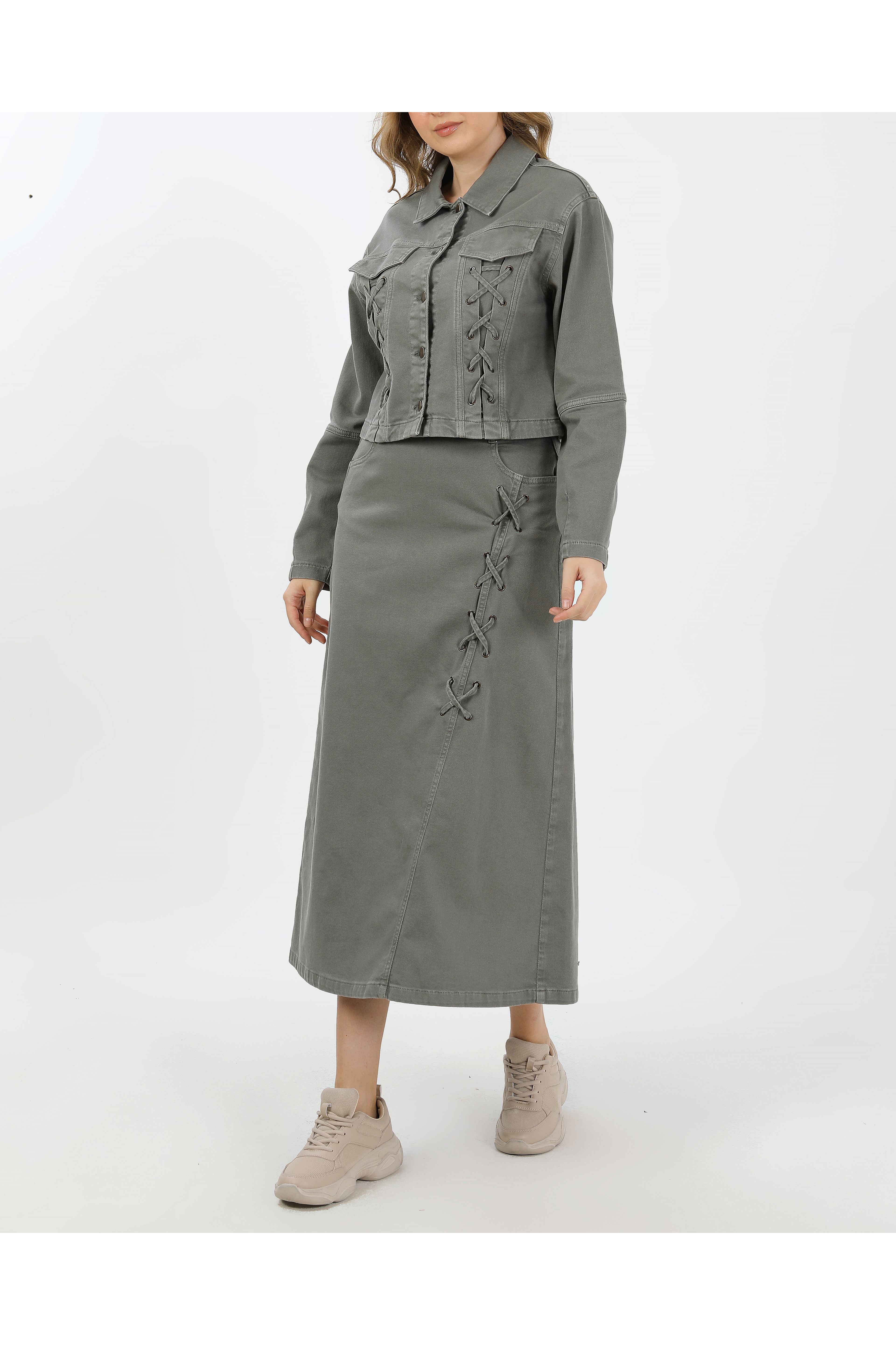 BAĞCIK DETAYLI DENİM CEKET VE ETEK-HAKİ