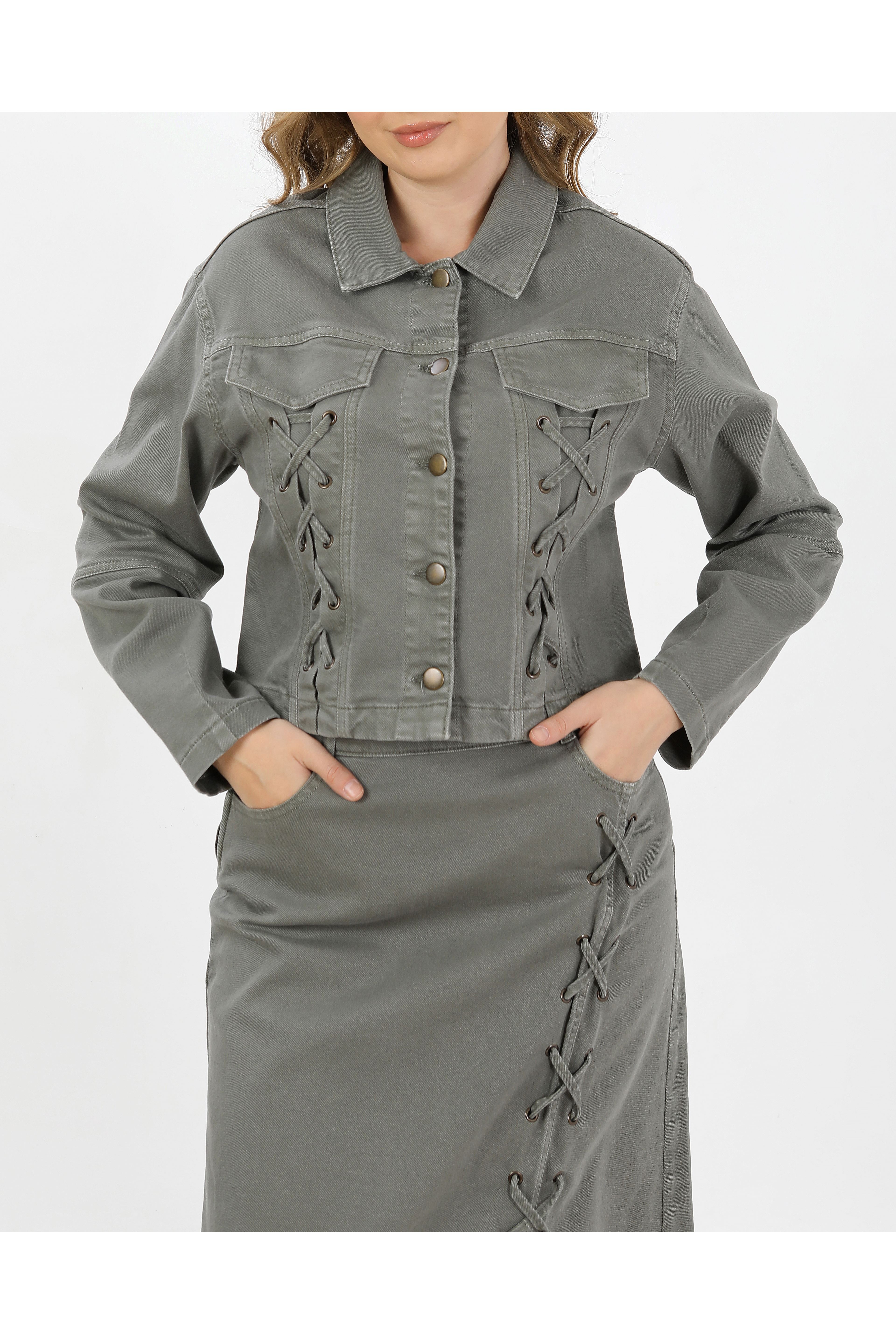 BAĞCIK DETAYLI DENİM CEKET VE ETEK-HAKİ