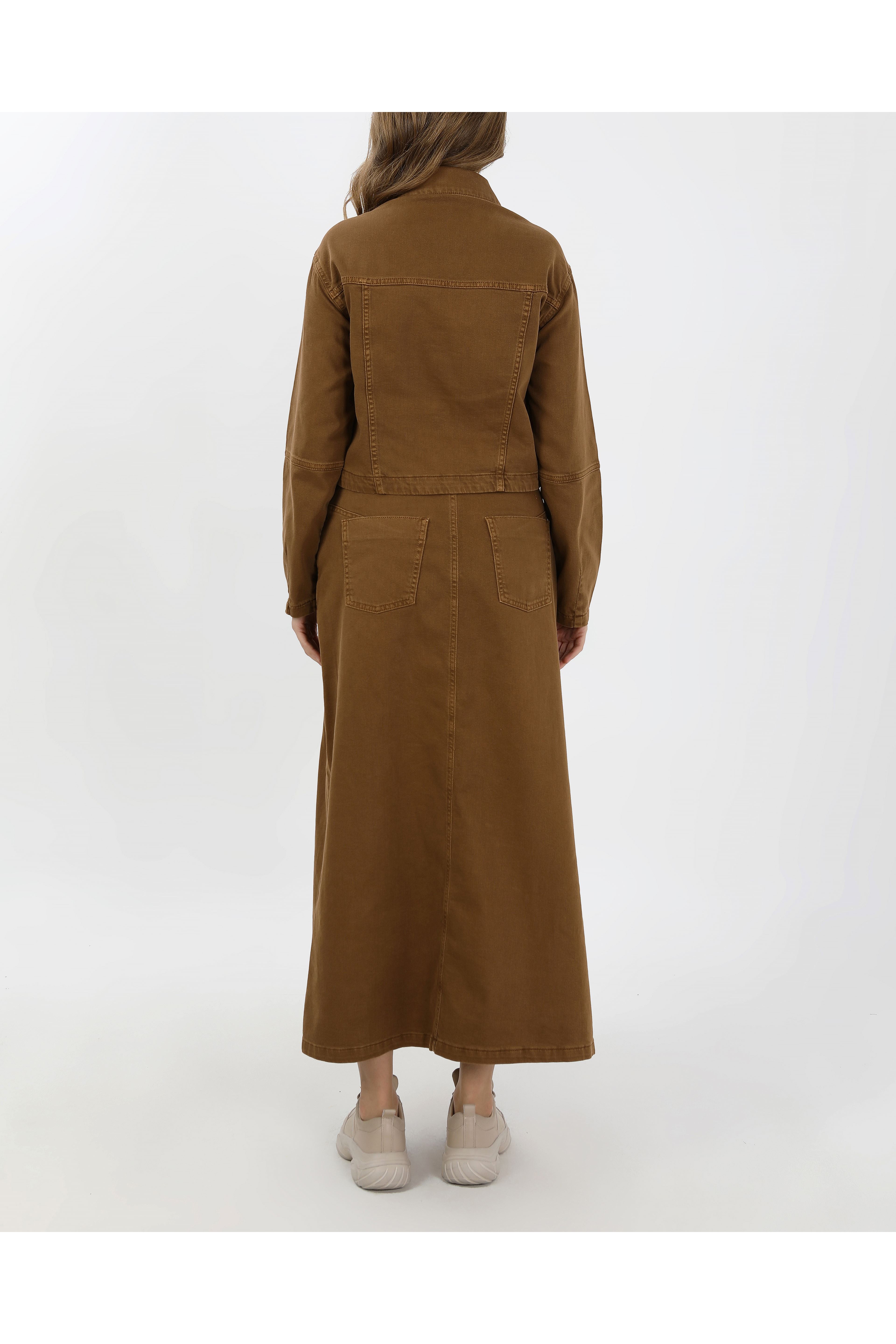 BAĞCIK DETAYLI DENİM CEKET VE ETEK-CAMEL