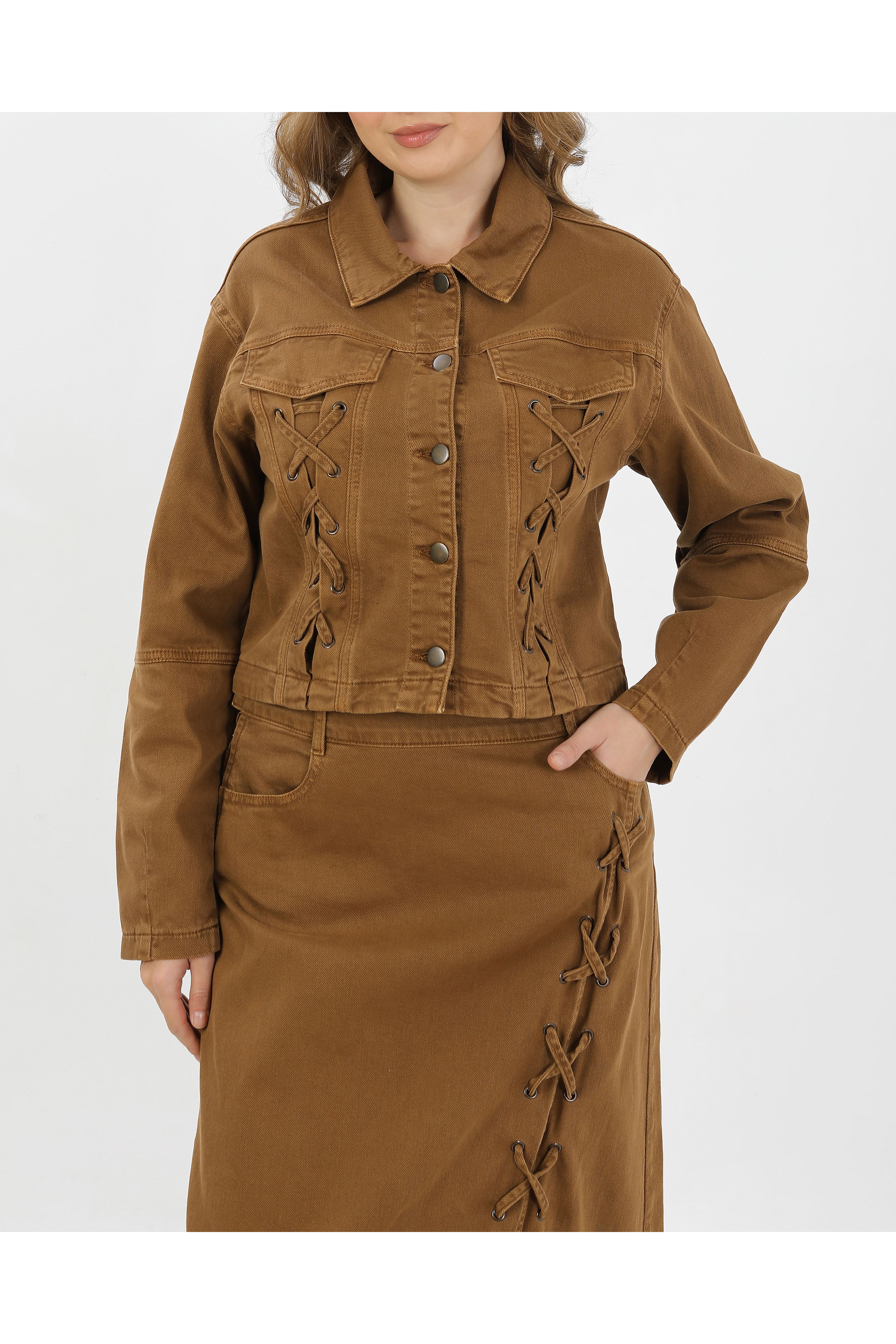 BAĞCIK DETAYLI DENİM CEKET VE ETEK-CAMEL