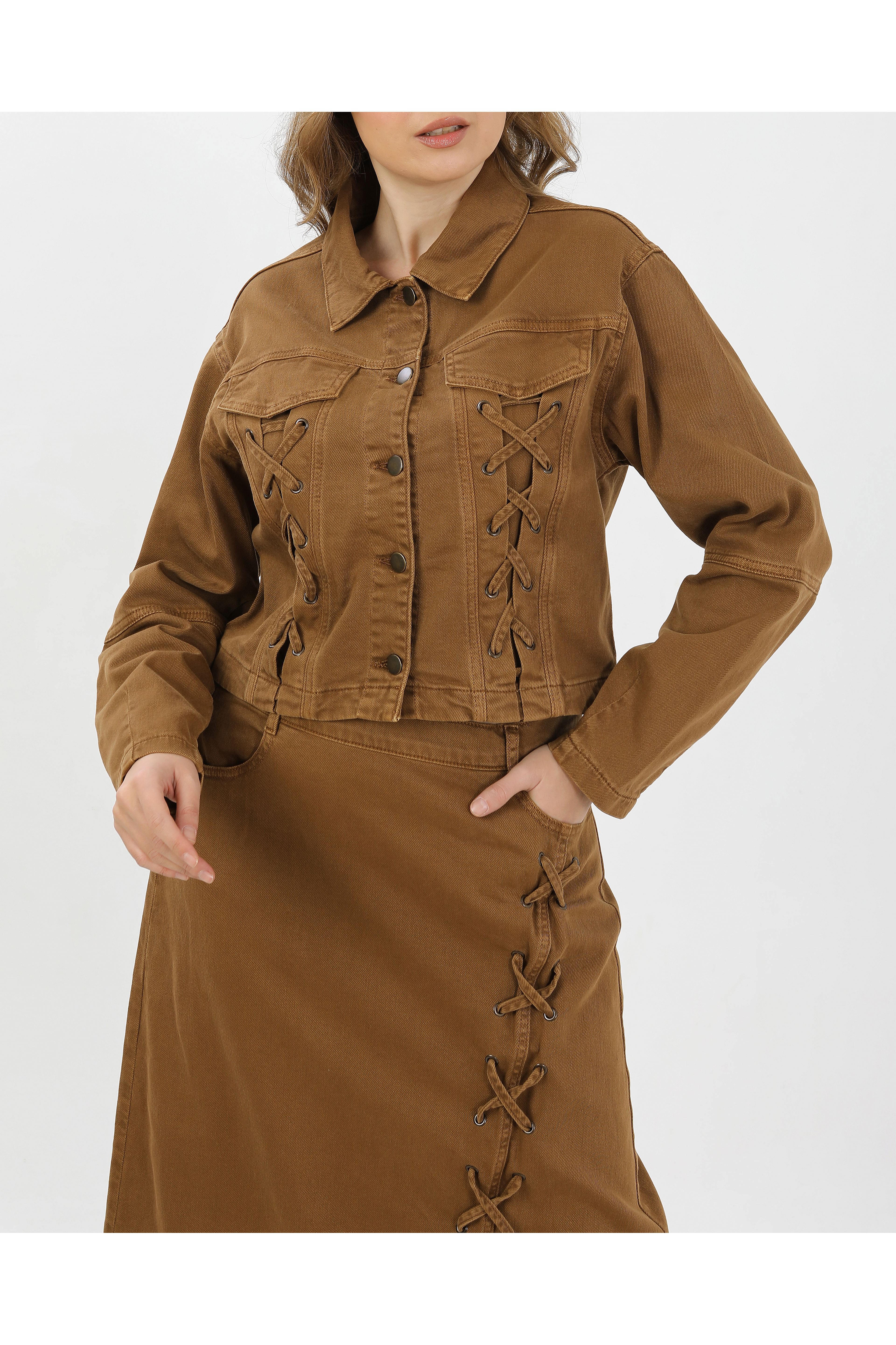 BAĞCIK DETAYLI DENİM CEKET VE ETEK-CAMEL