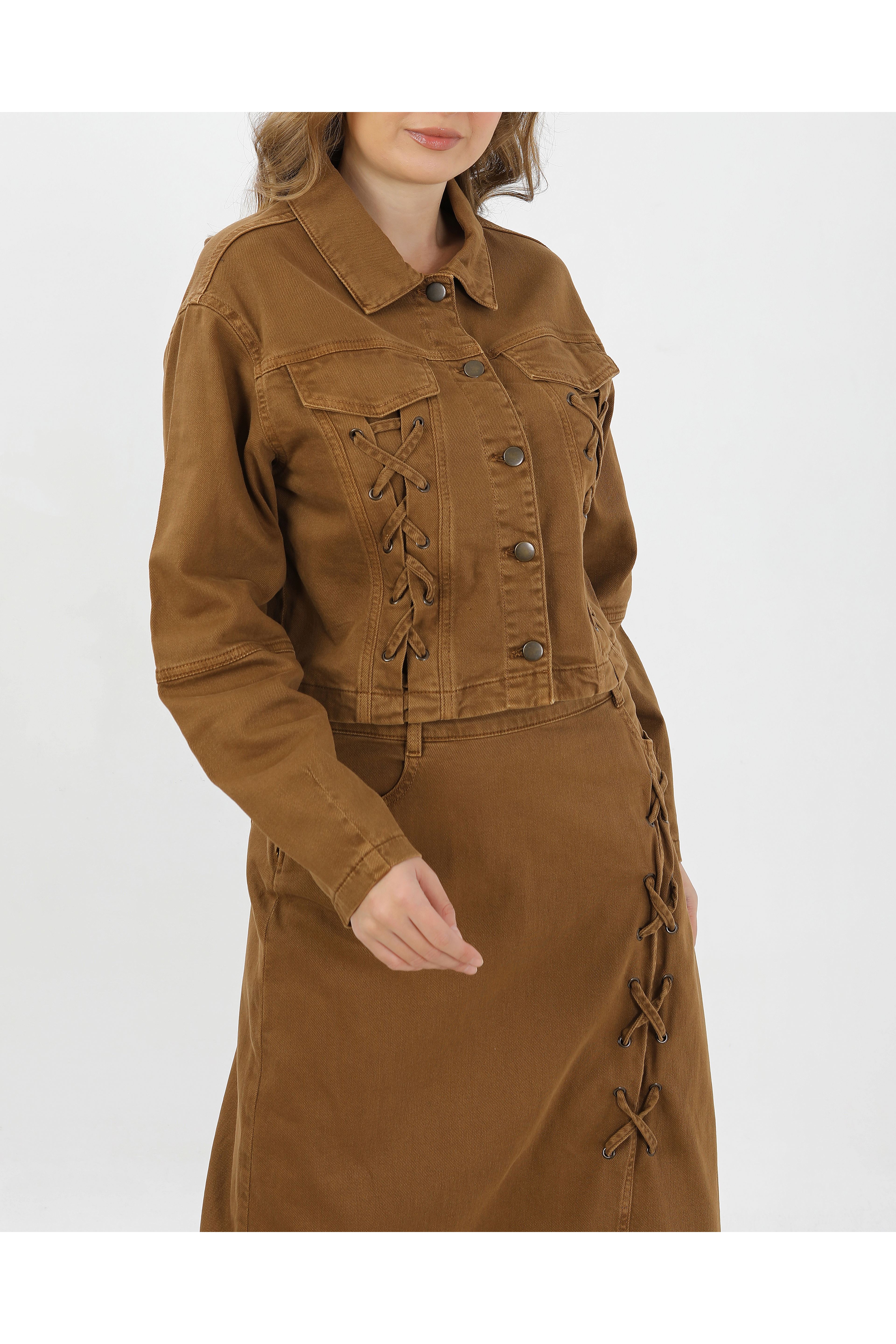 BAĞCIK DETAYLI DENİM CEKET VE ETEK-CAMEL