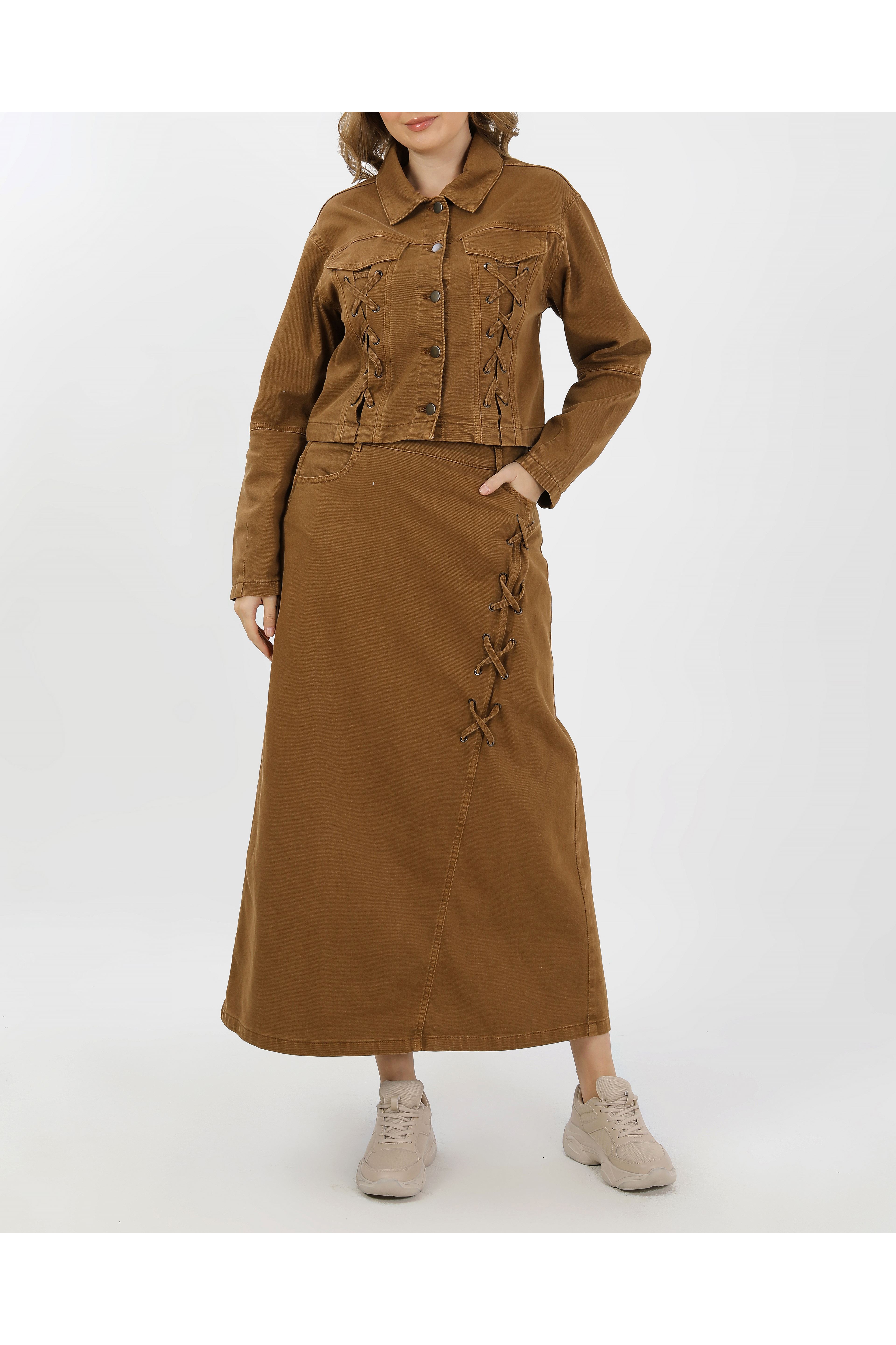 BAĞCIK DETAYLI DENİM CEKET VE ETEK-CAMEL