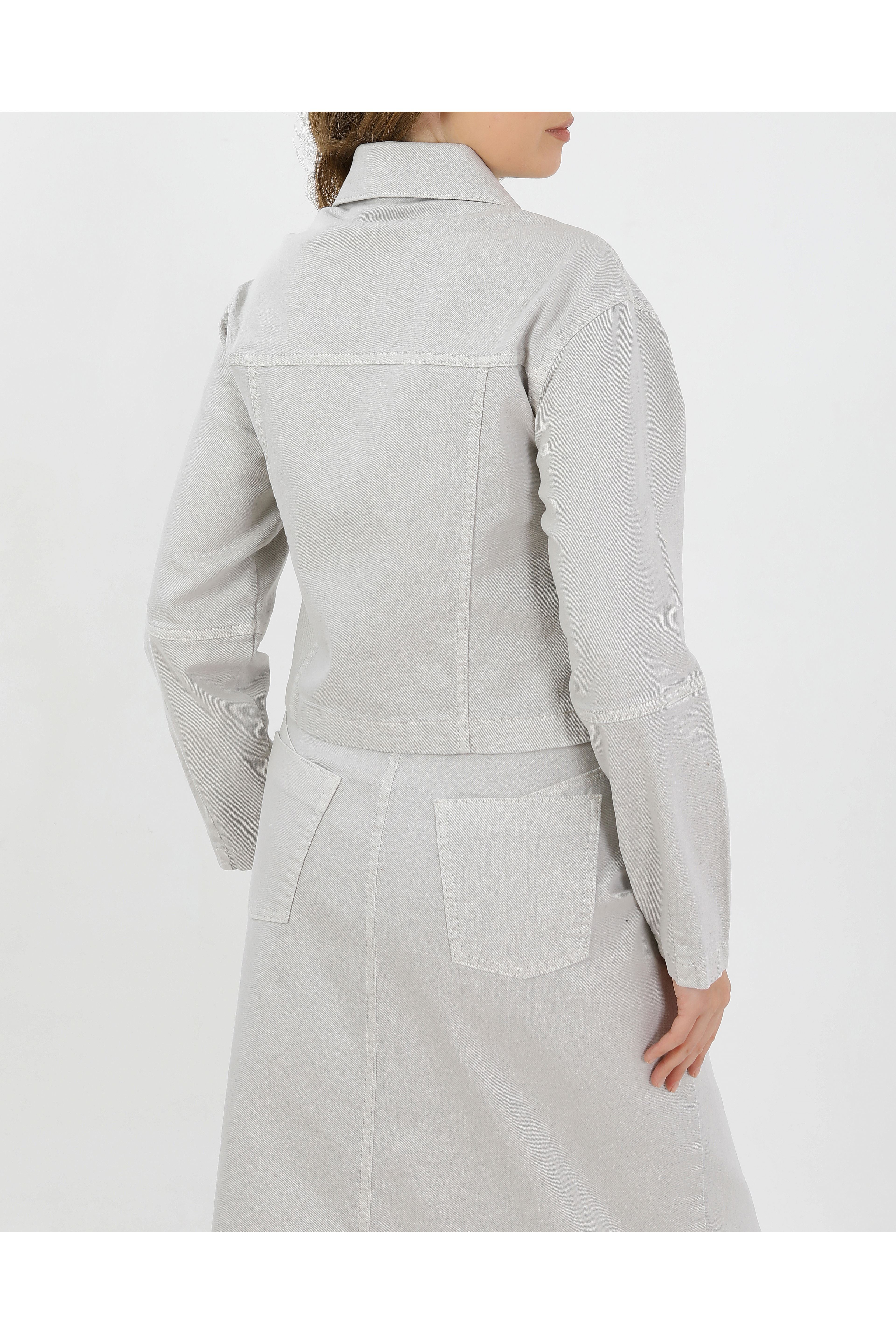 BAĞCIK DETAYLI DENİM CEKET VE ETEK-AÇIK FÜME