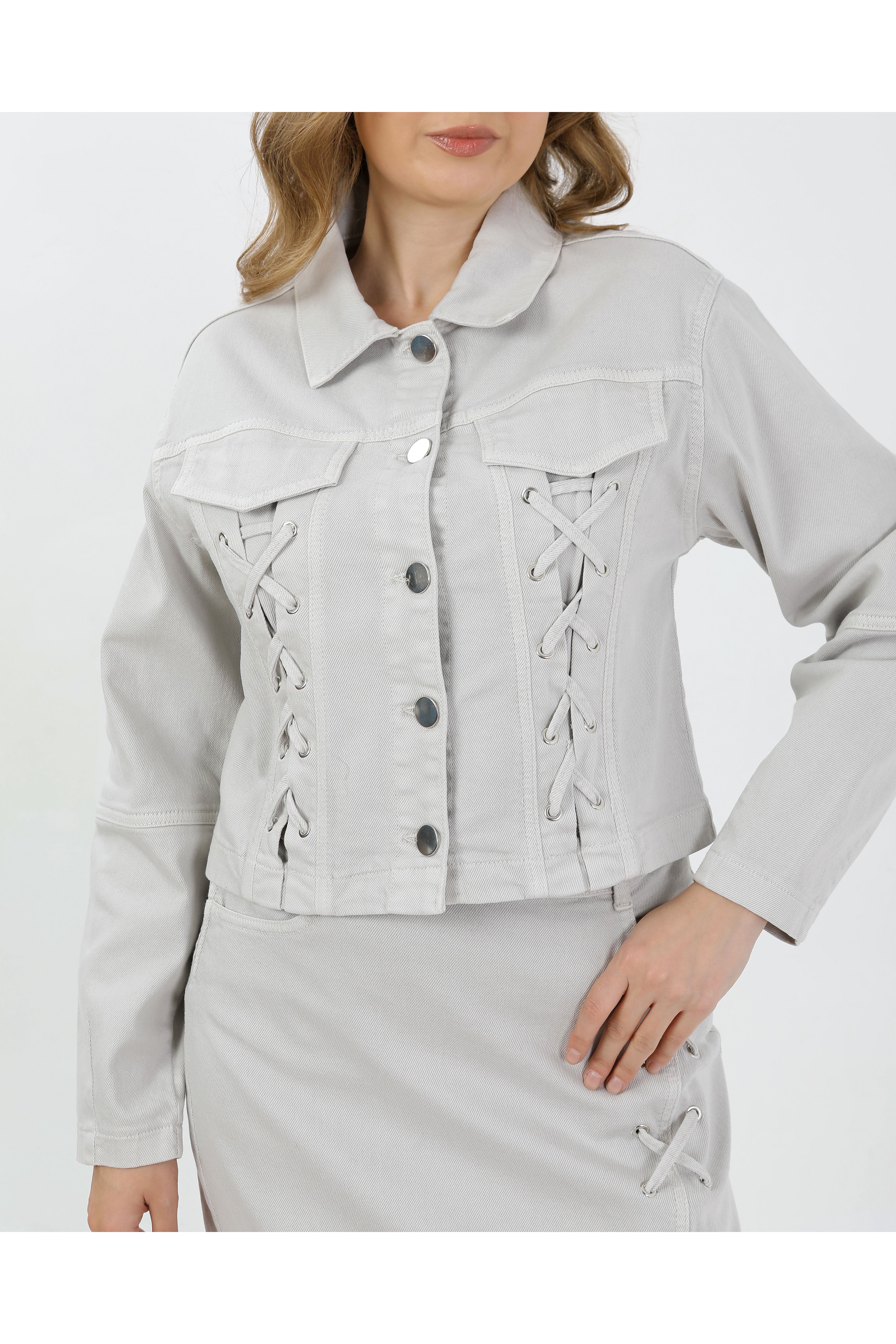 BAĞCIK DETAYLI DENİM CEKET VE ETEK-AÇIK FÜME