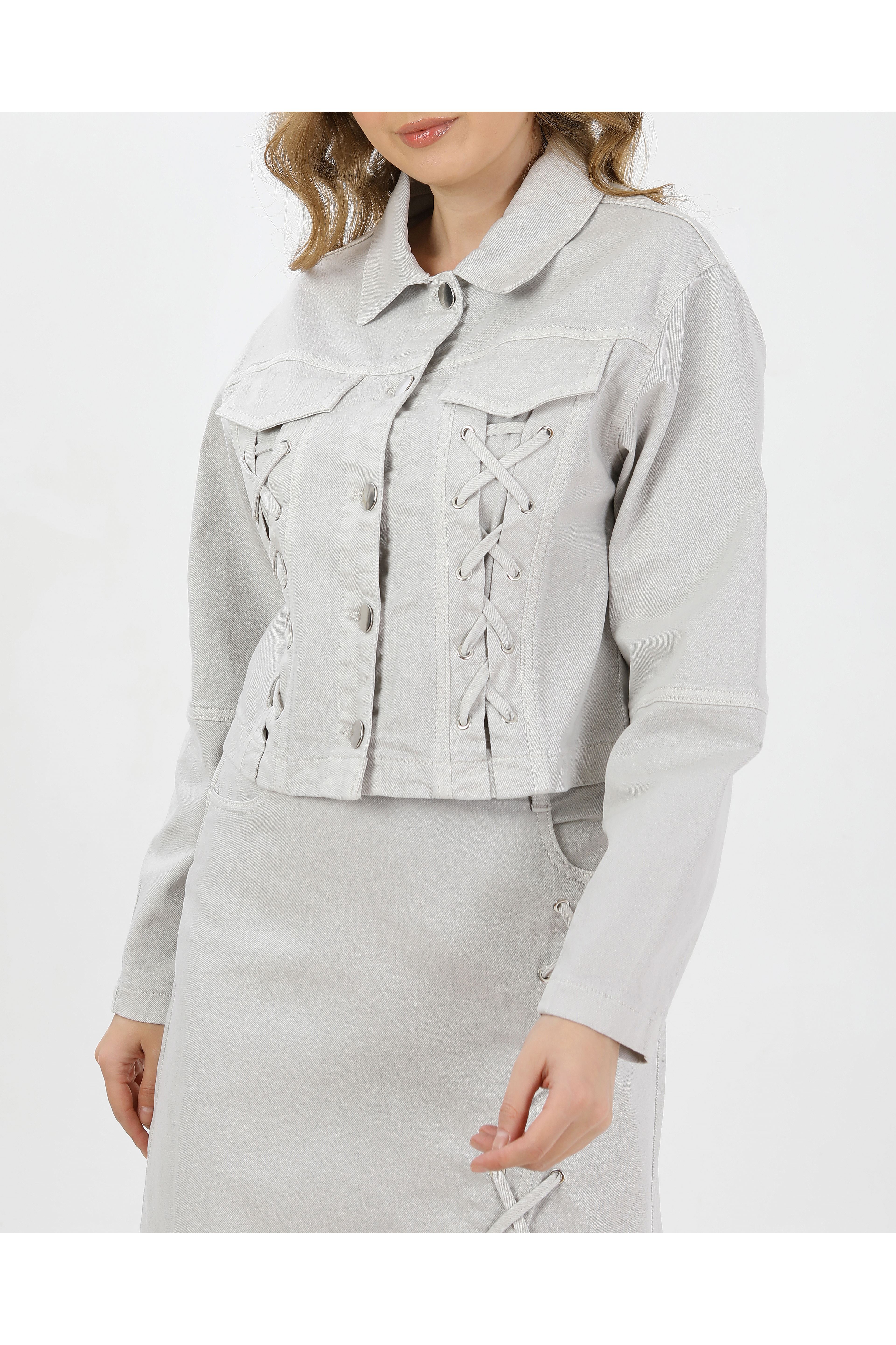 BAĞCIK DETAYLI DENİM CEKET VE ETEK-AÇIK FÜME