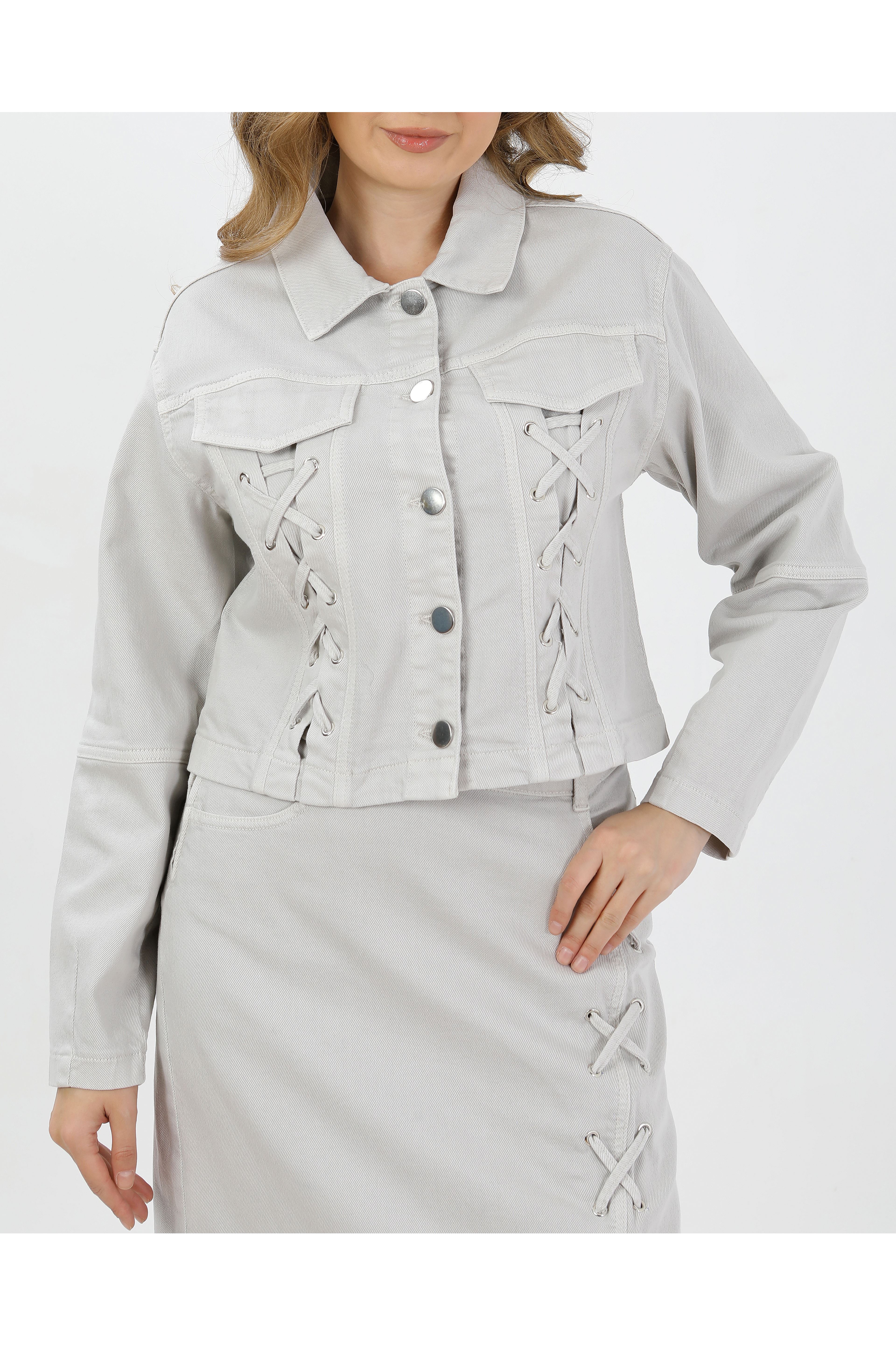 BAĞCIK DETAYLI DENİM CEKET VE ETEK-AÇIK FÜME