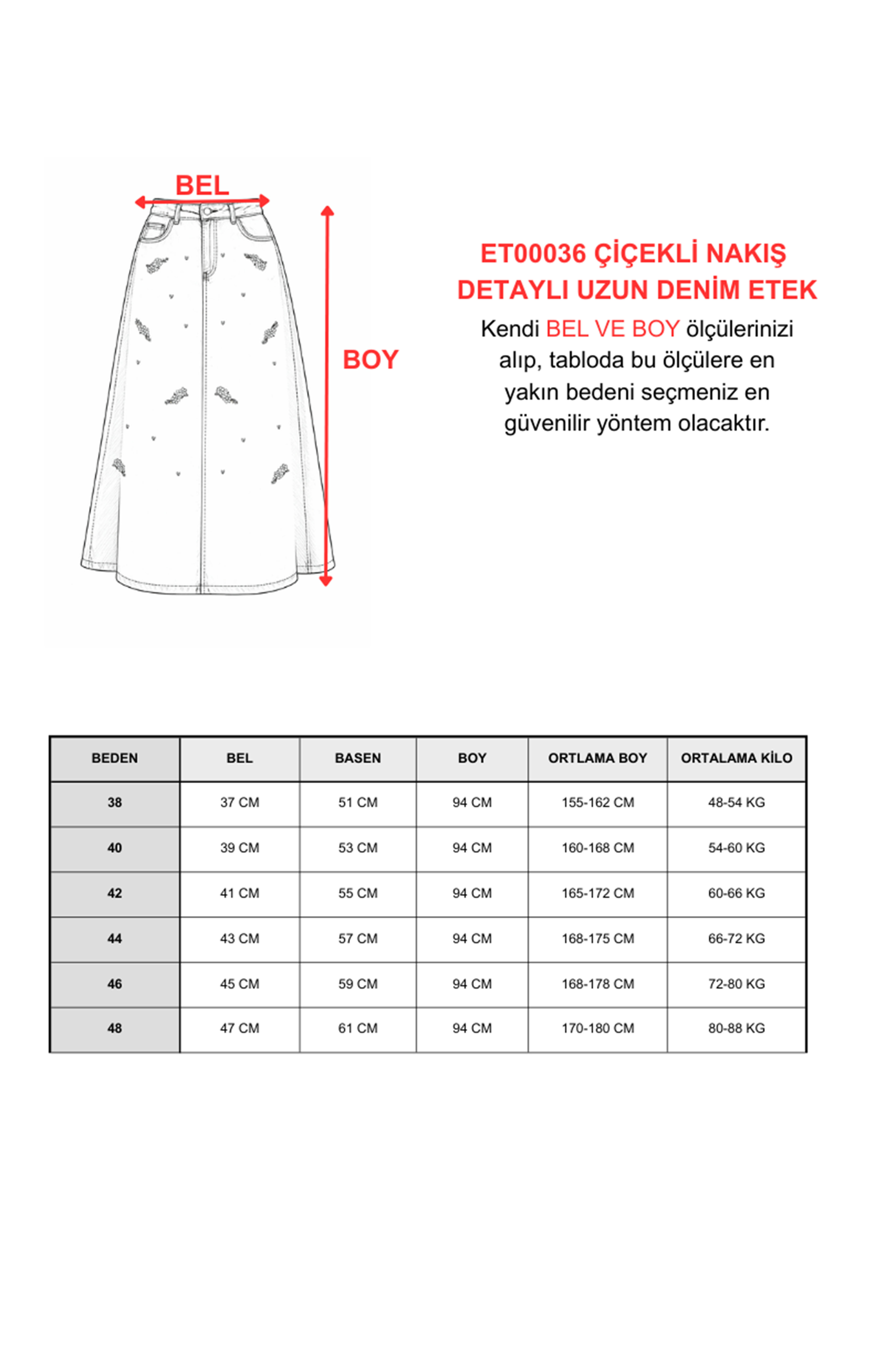 ÇİÇEKLİ NAKIŞ DETAYLI UZUN DENİM ETEK- MAVİ