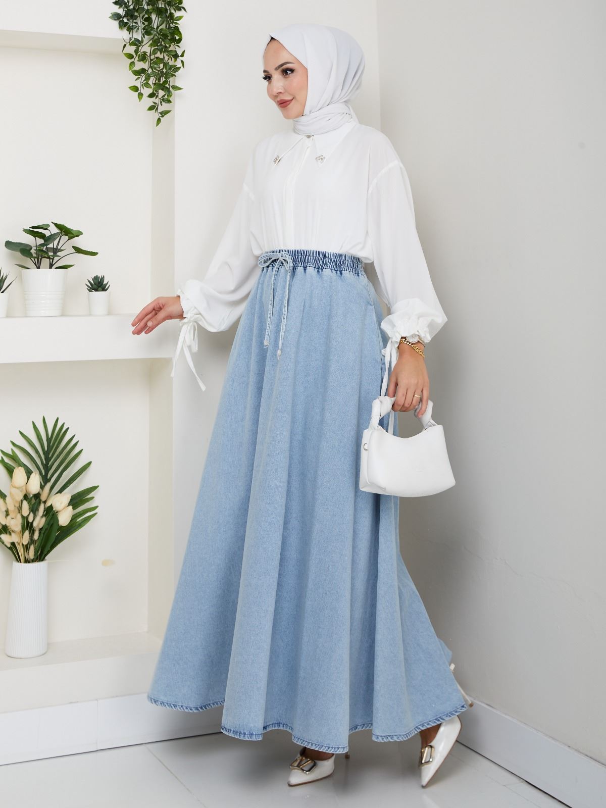 BELİ LASTİKLİ İPLİ KOT KLOŞ ETEK MAVİ