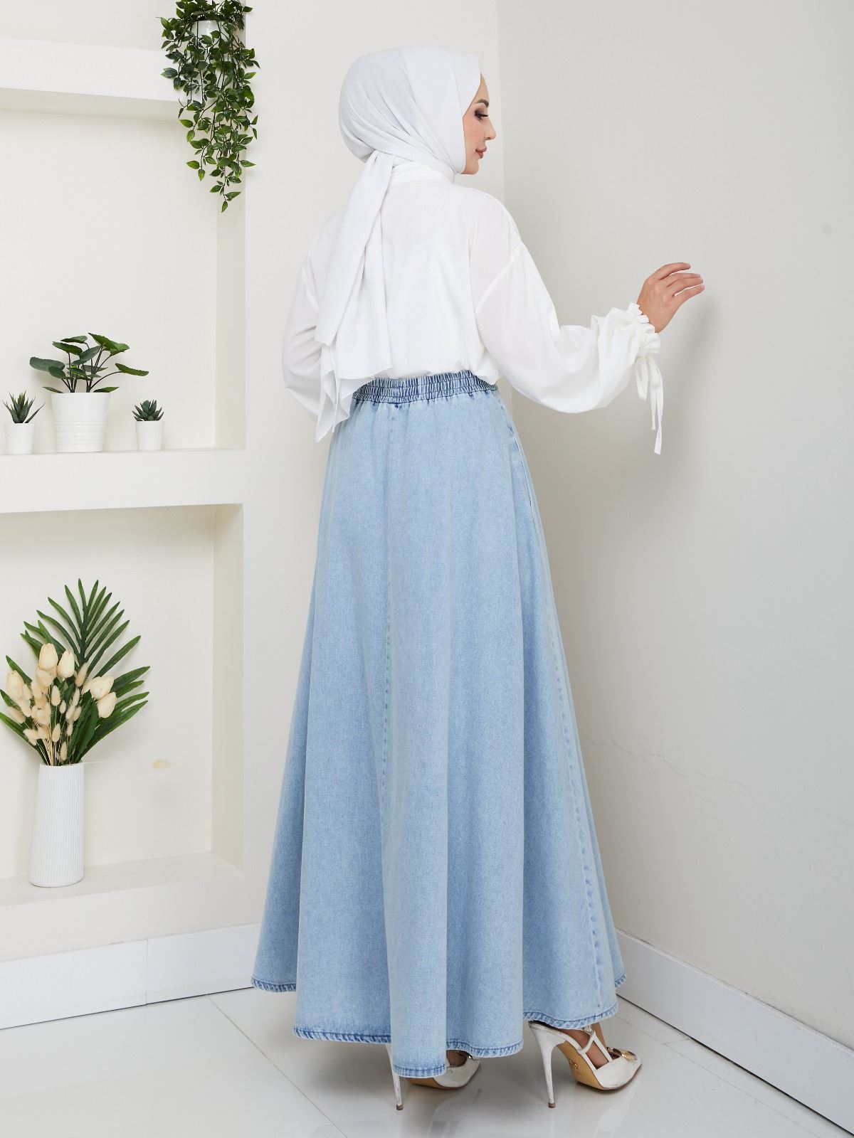 BELİ LASTİKLİ İPLİ KOT KLOŞ ETEK MAVİ