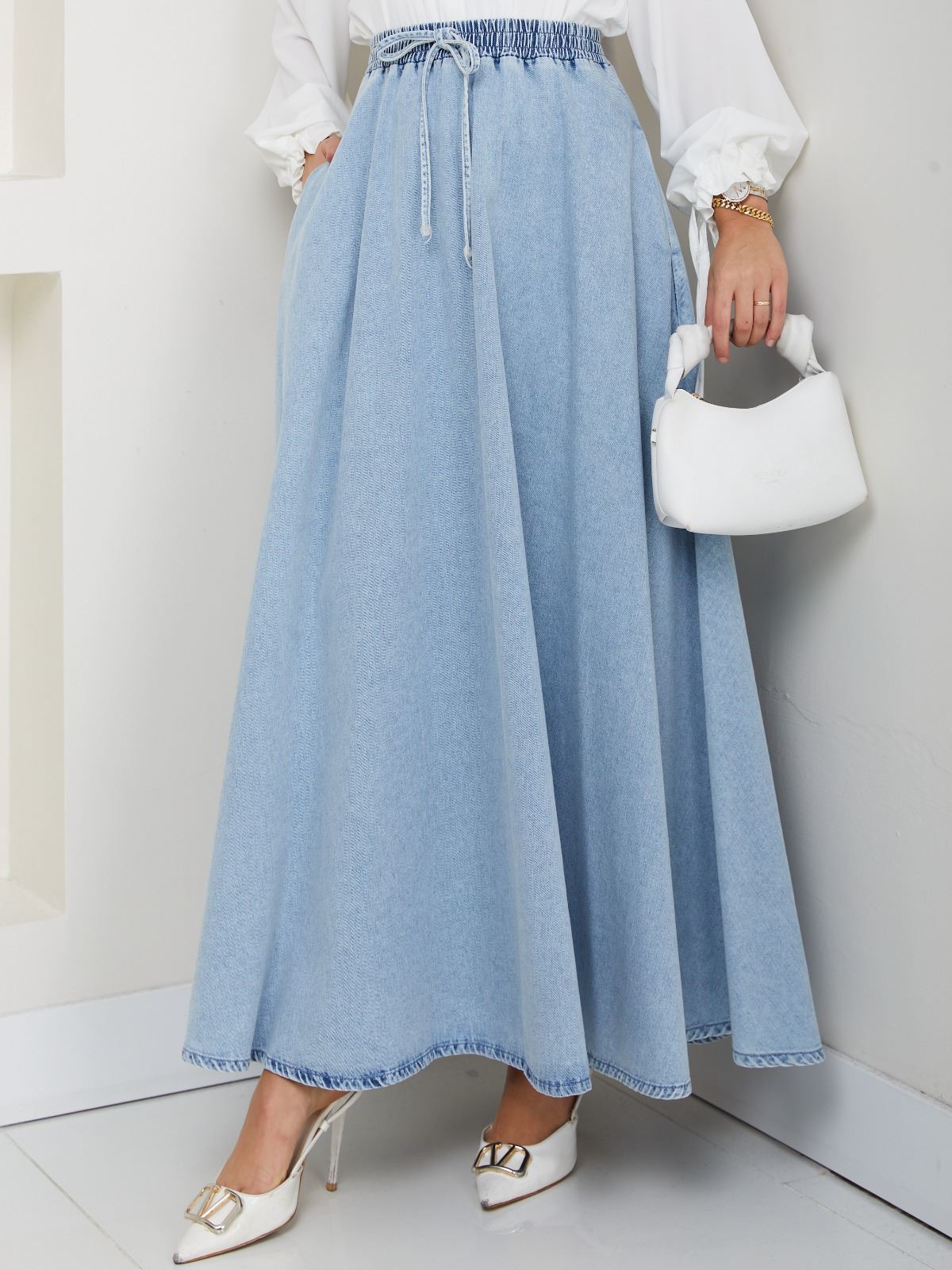 BELİ LASTİKLİ İPLİ KOT KLOŞ ETEK MAVİ