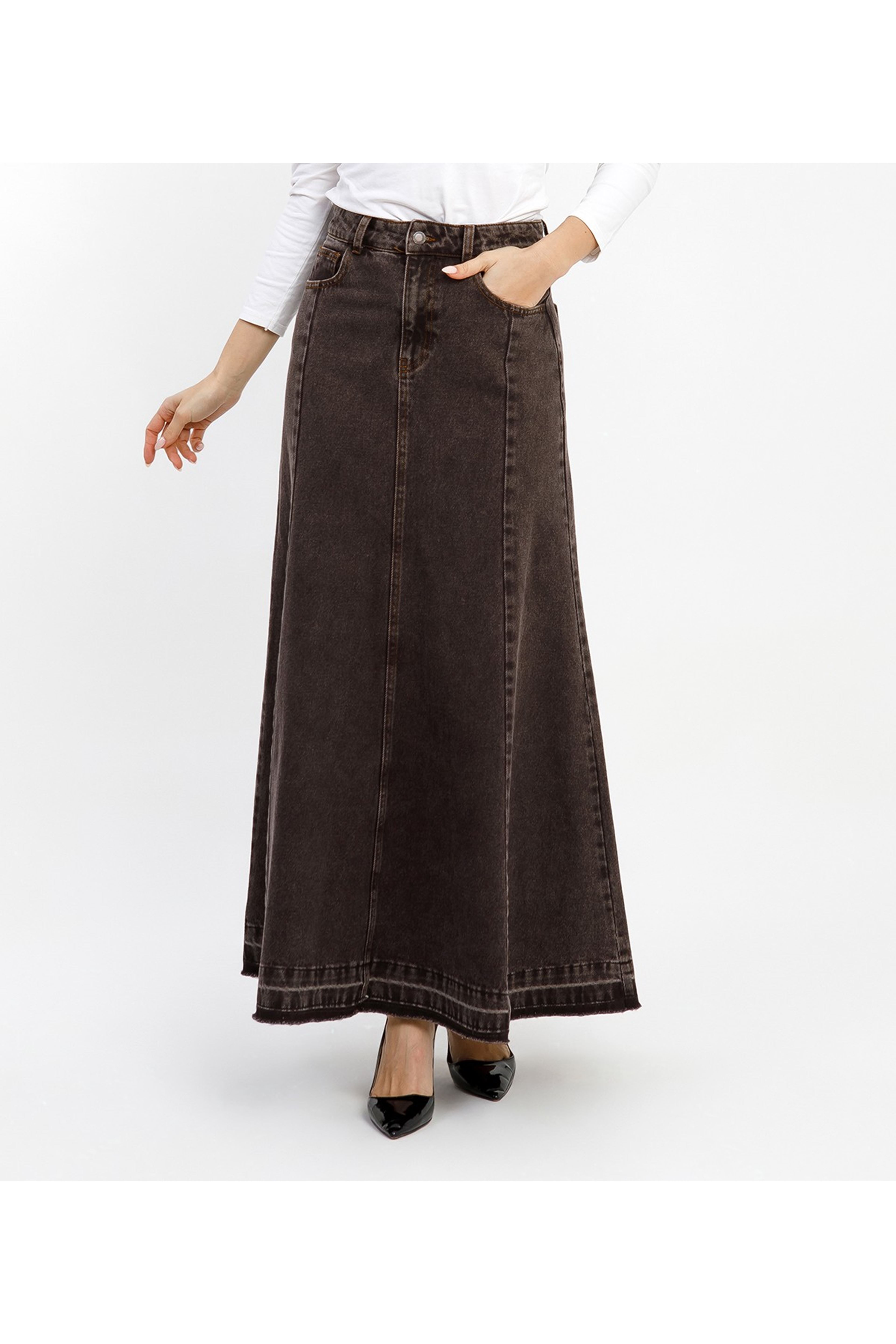 KADIN A FORM KAHVERENGİ DENİM ETEK