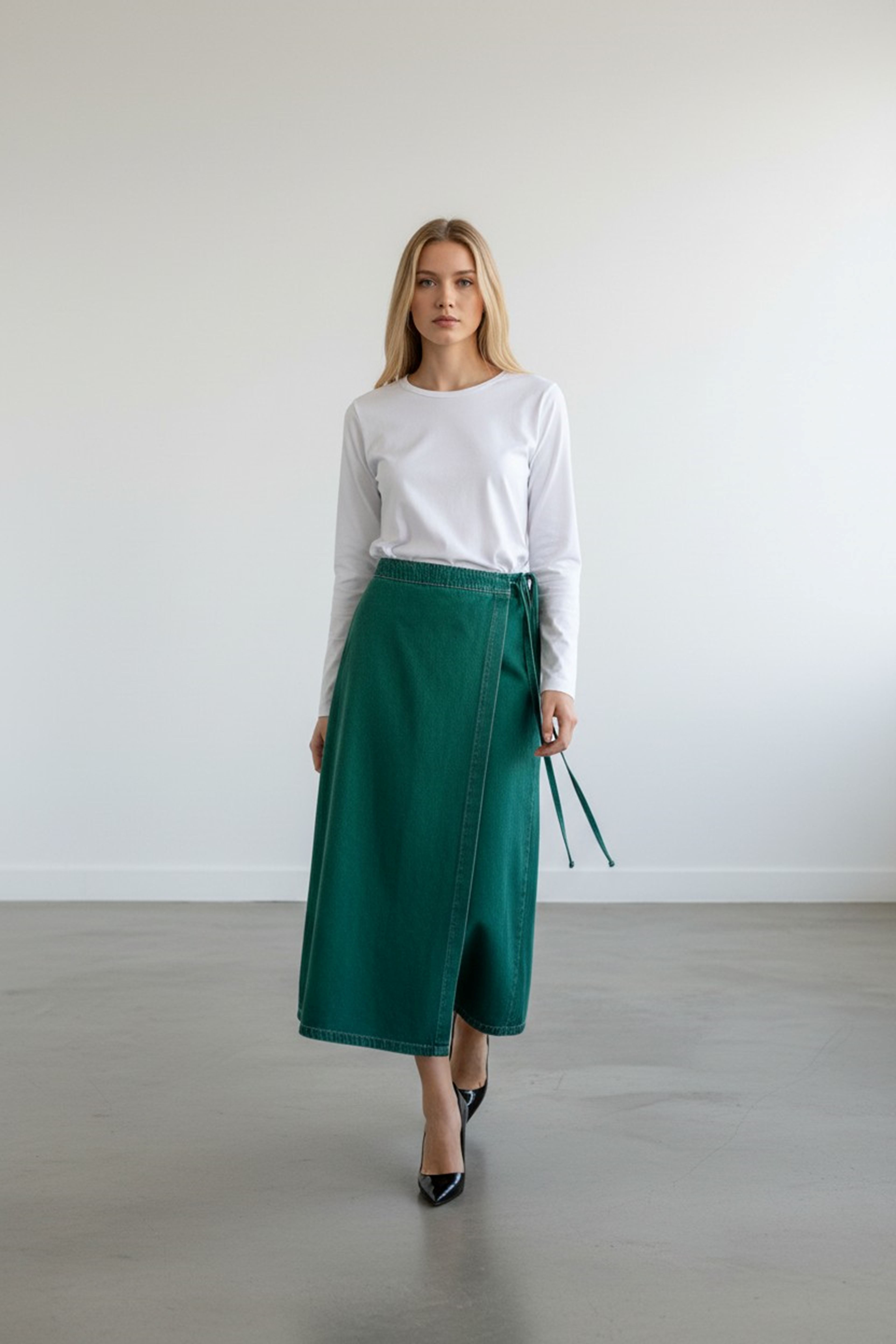 YANDAN BAĞLAMALI DENİM ETEK YEŞİL