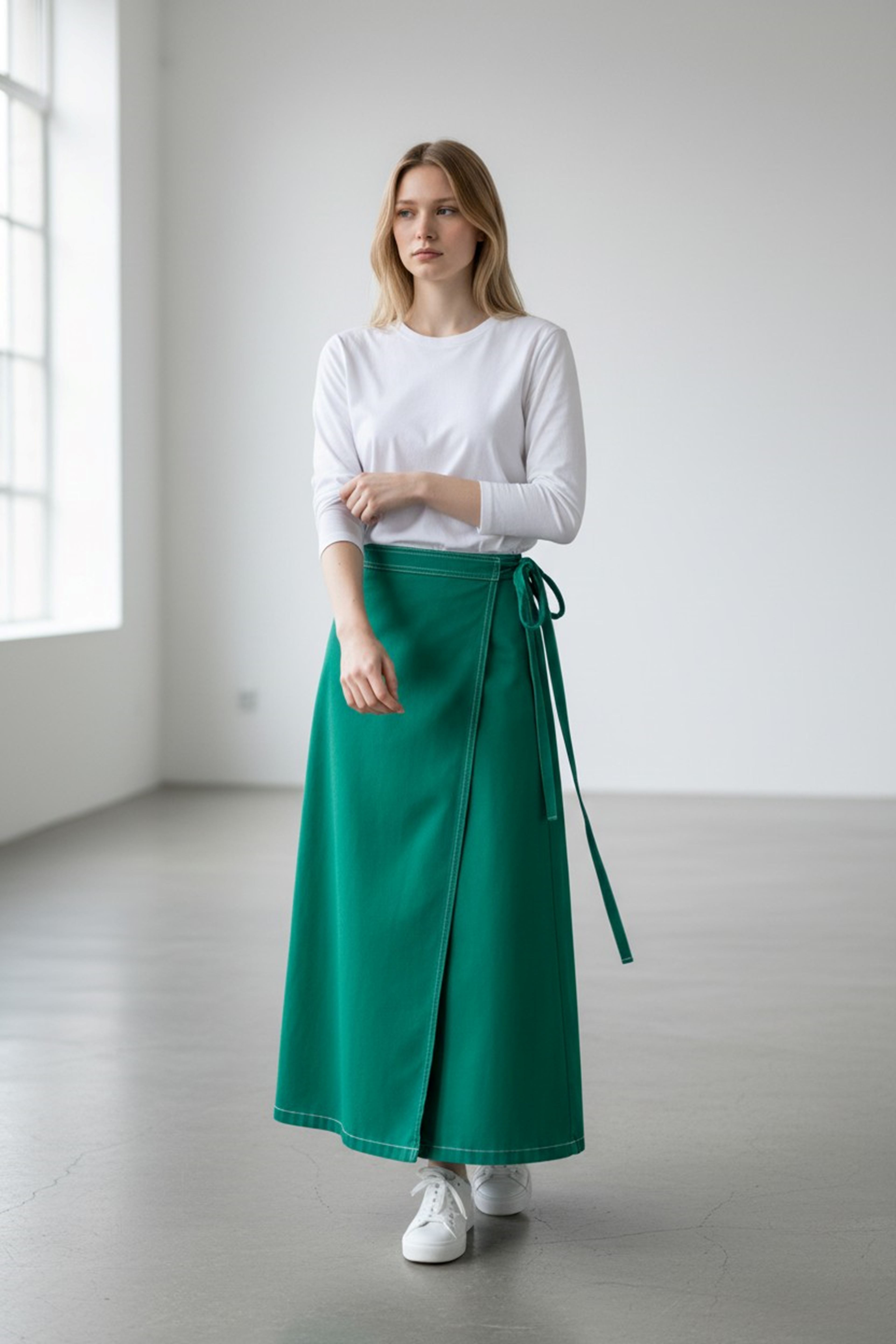 YANDAN BAĞLAMALI DENİM ETEK YEŞİL