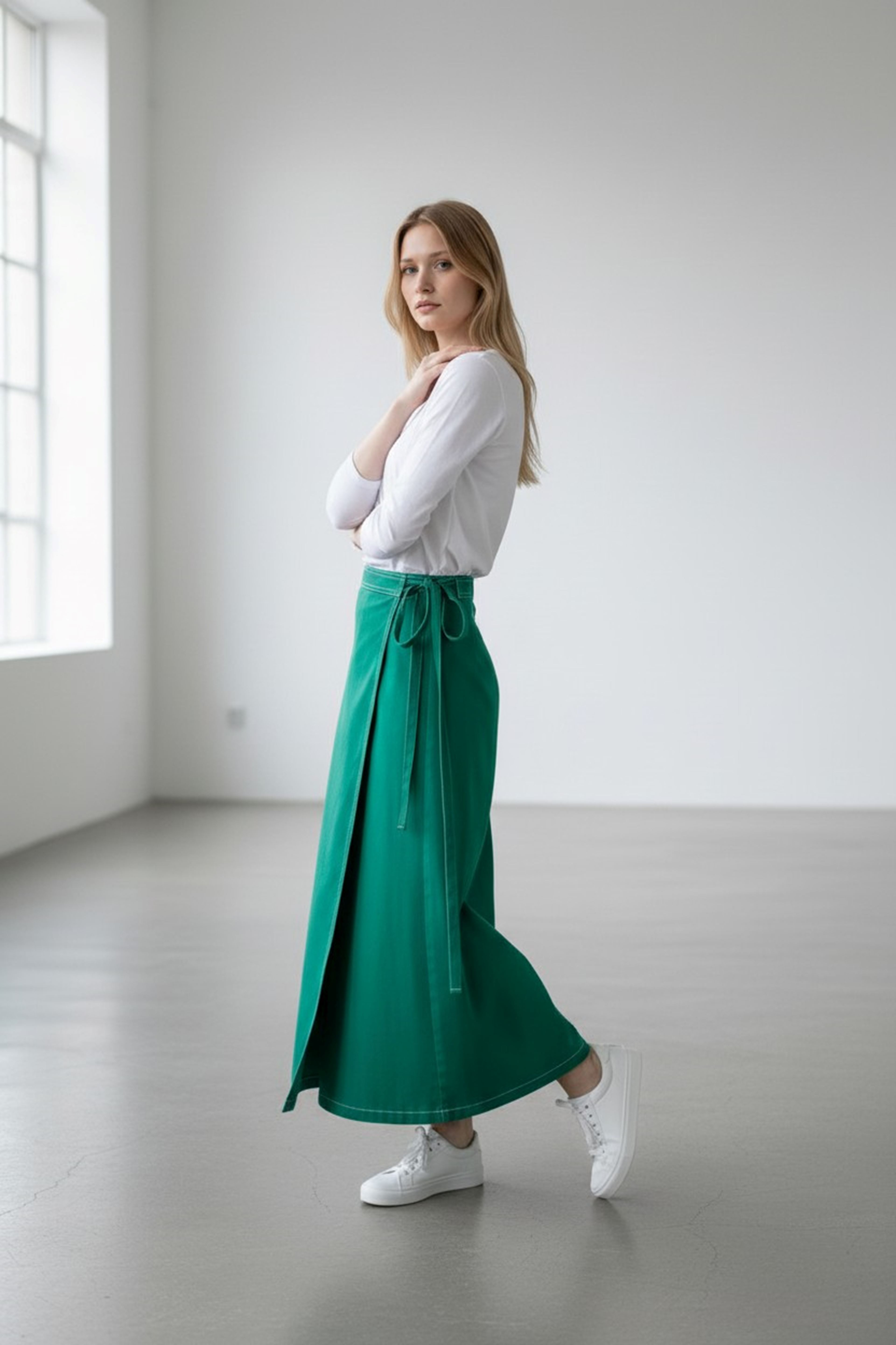 YANDAN BAĞLAMALI DENİM ETEK YEŞİL