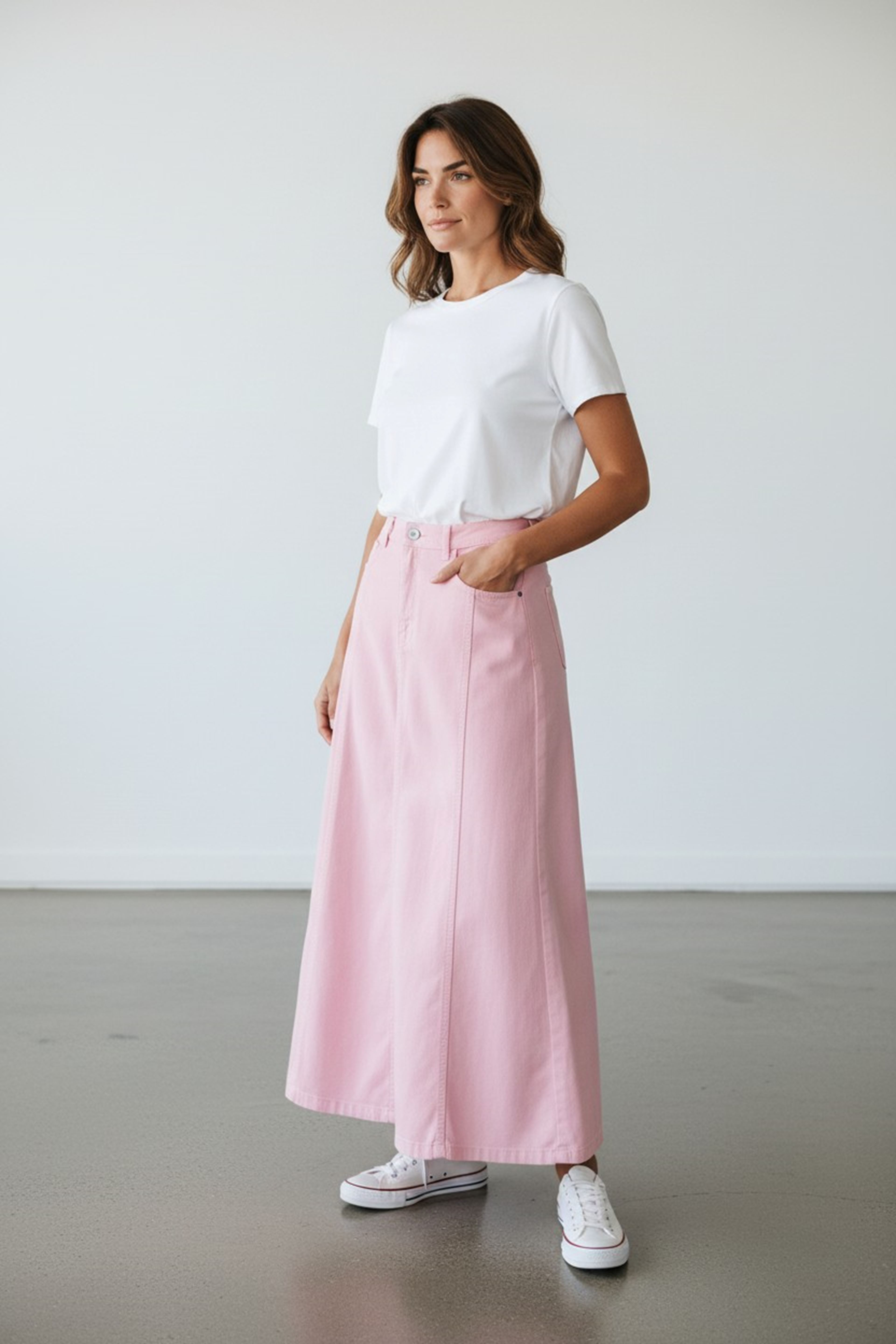 Paneled Long Denim Skirt