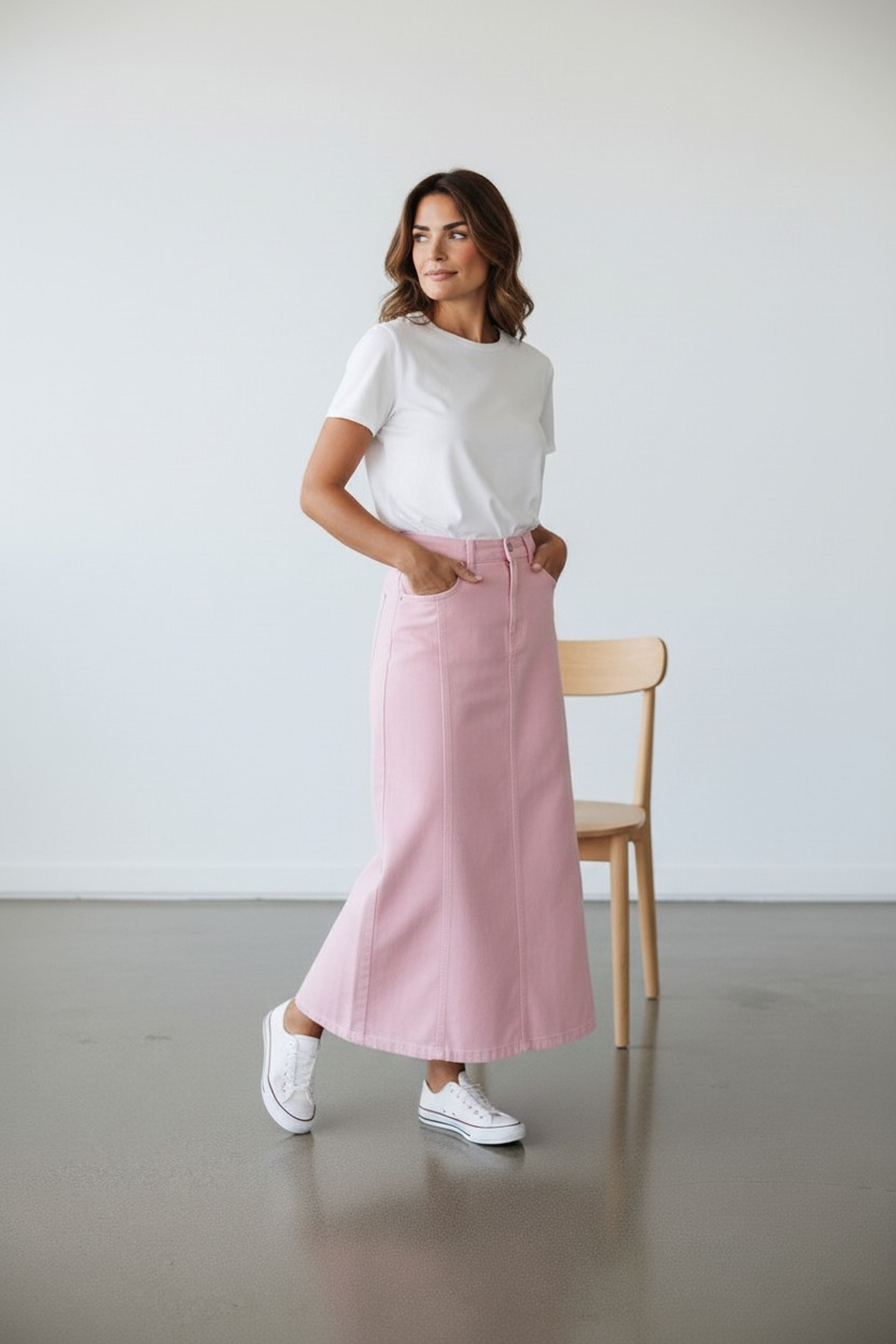 Paneled Long Denim Skirt