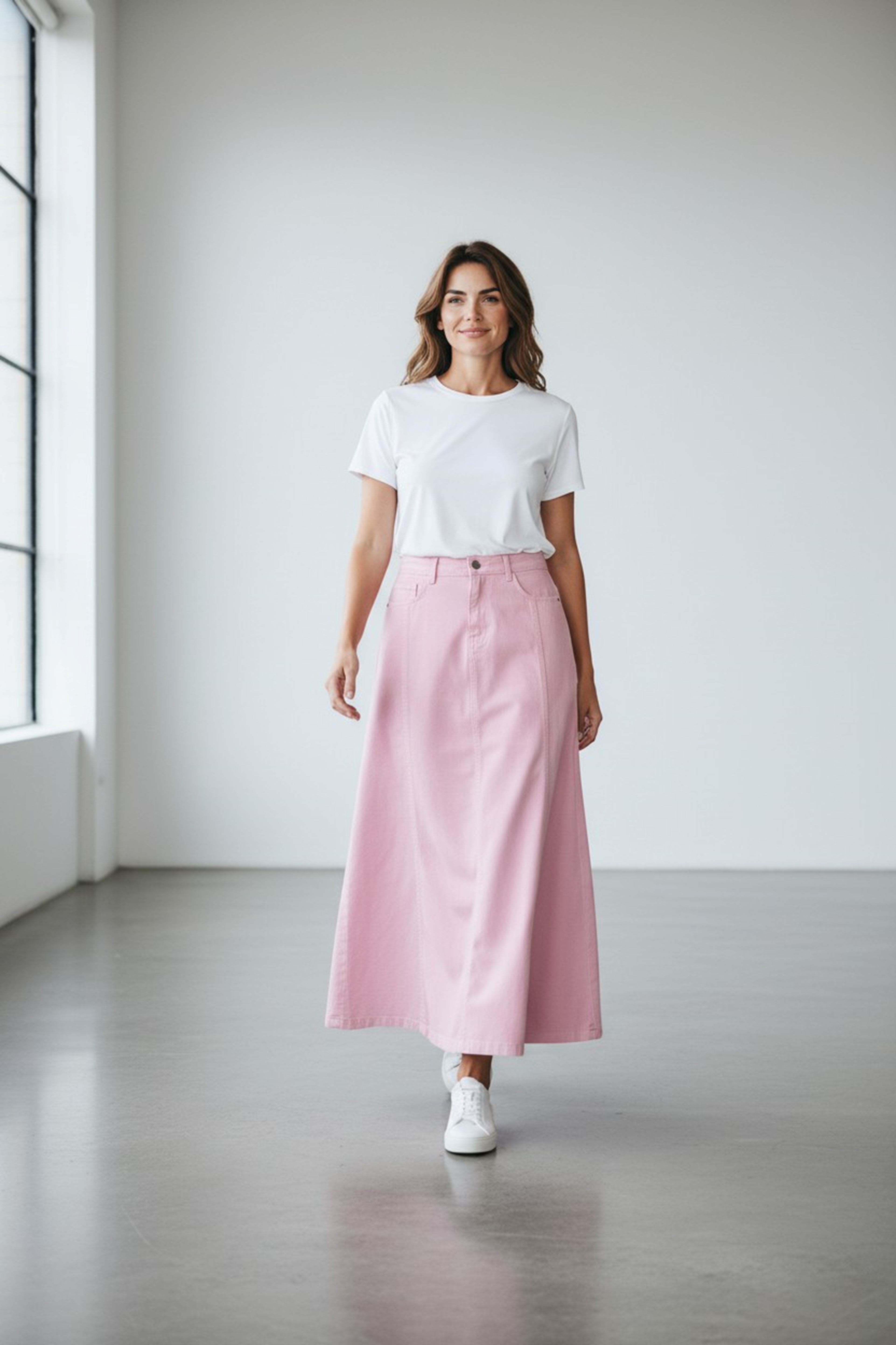 Paneled Long Denim Skirt