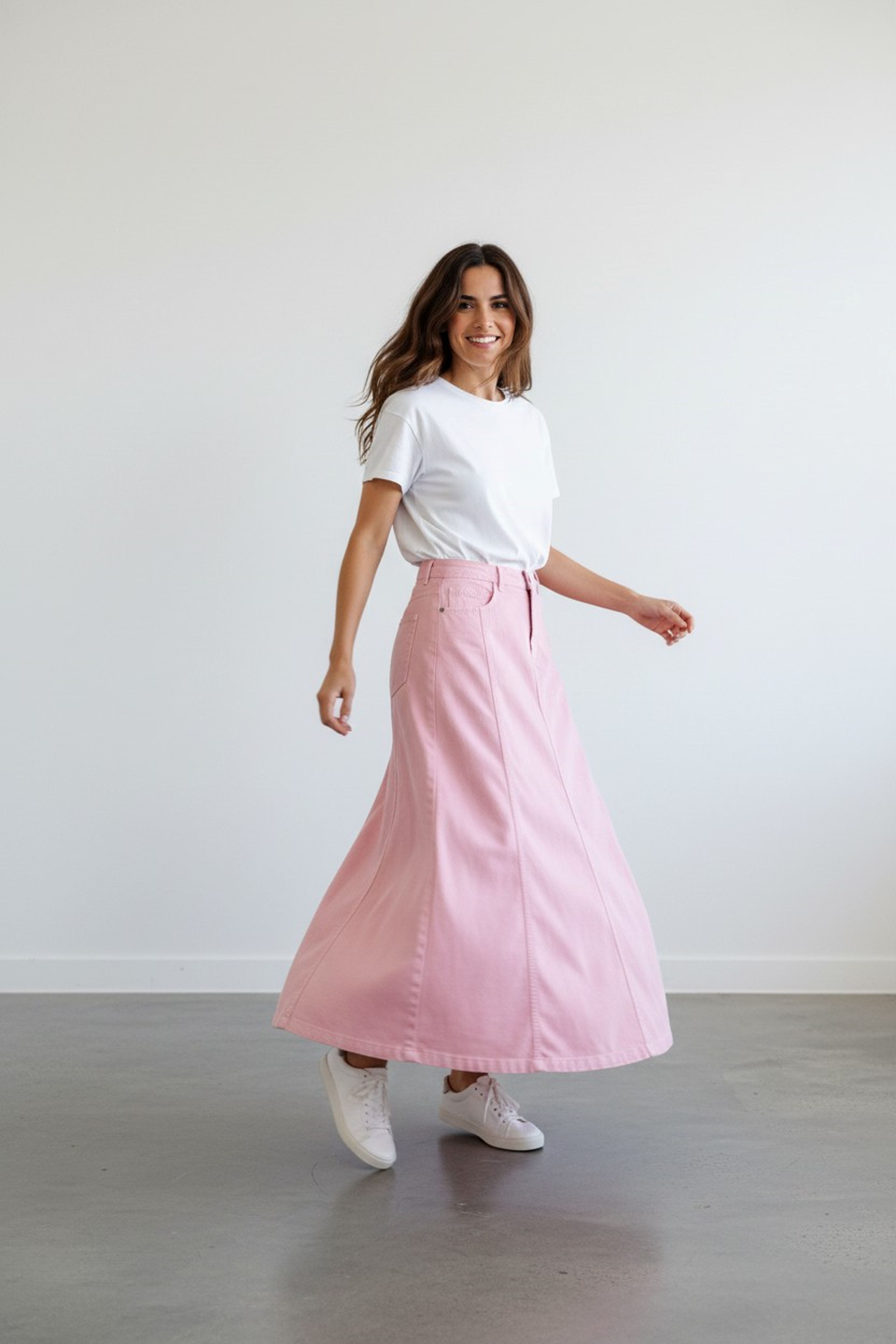Paneled Long Denim Skirt