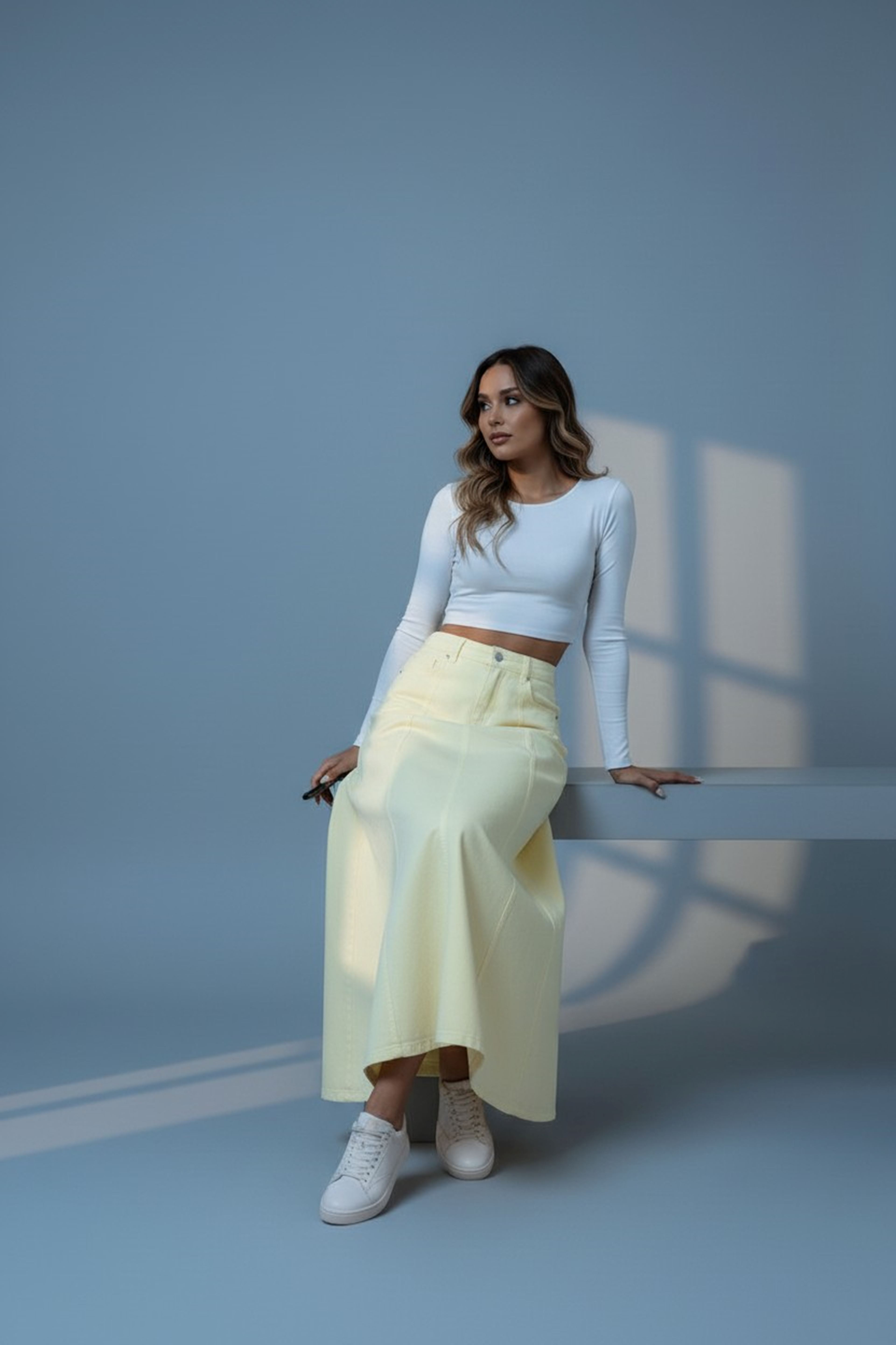 Paneled Long Denim Skirt