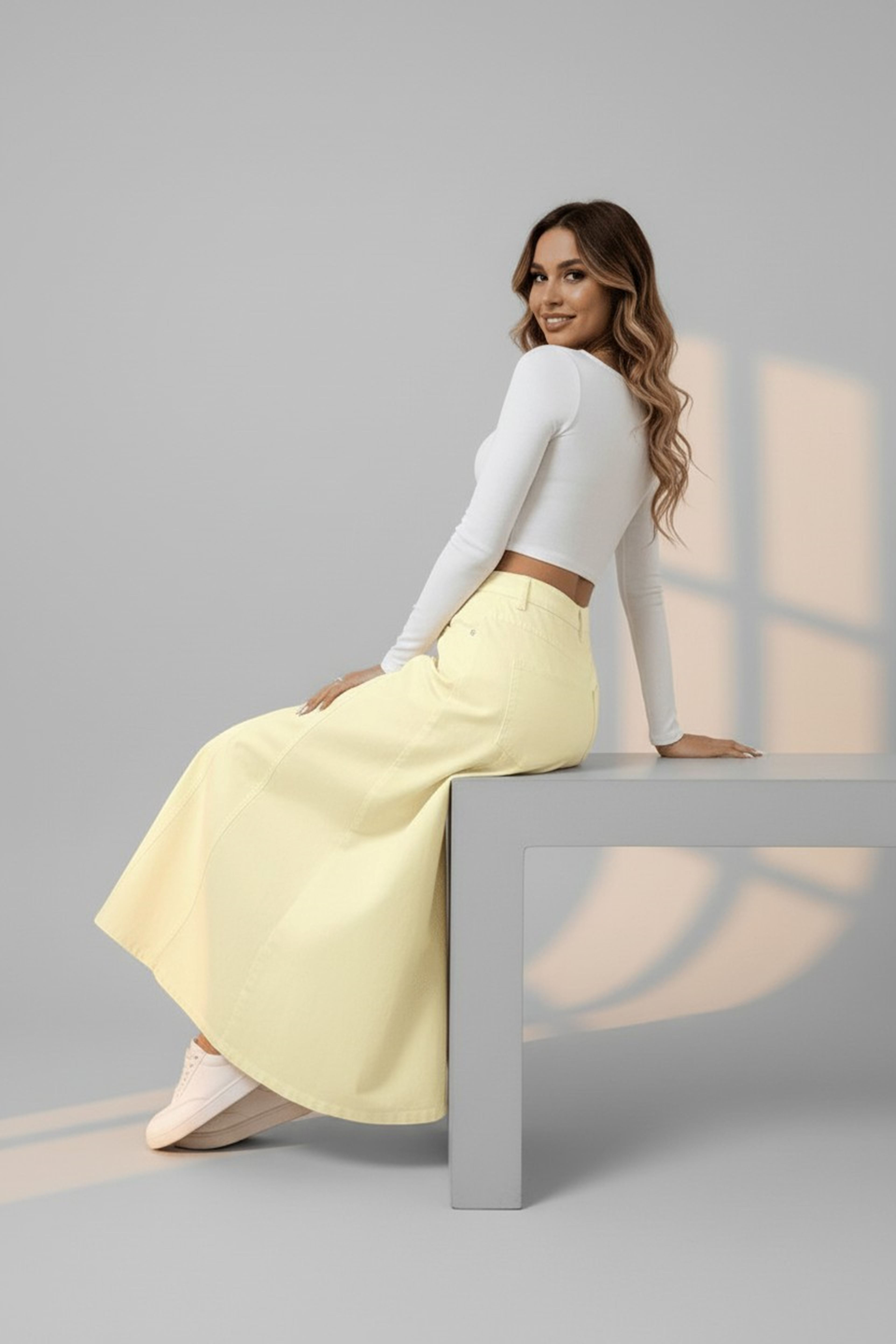 Paneled Long Denim Skirt