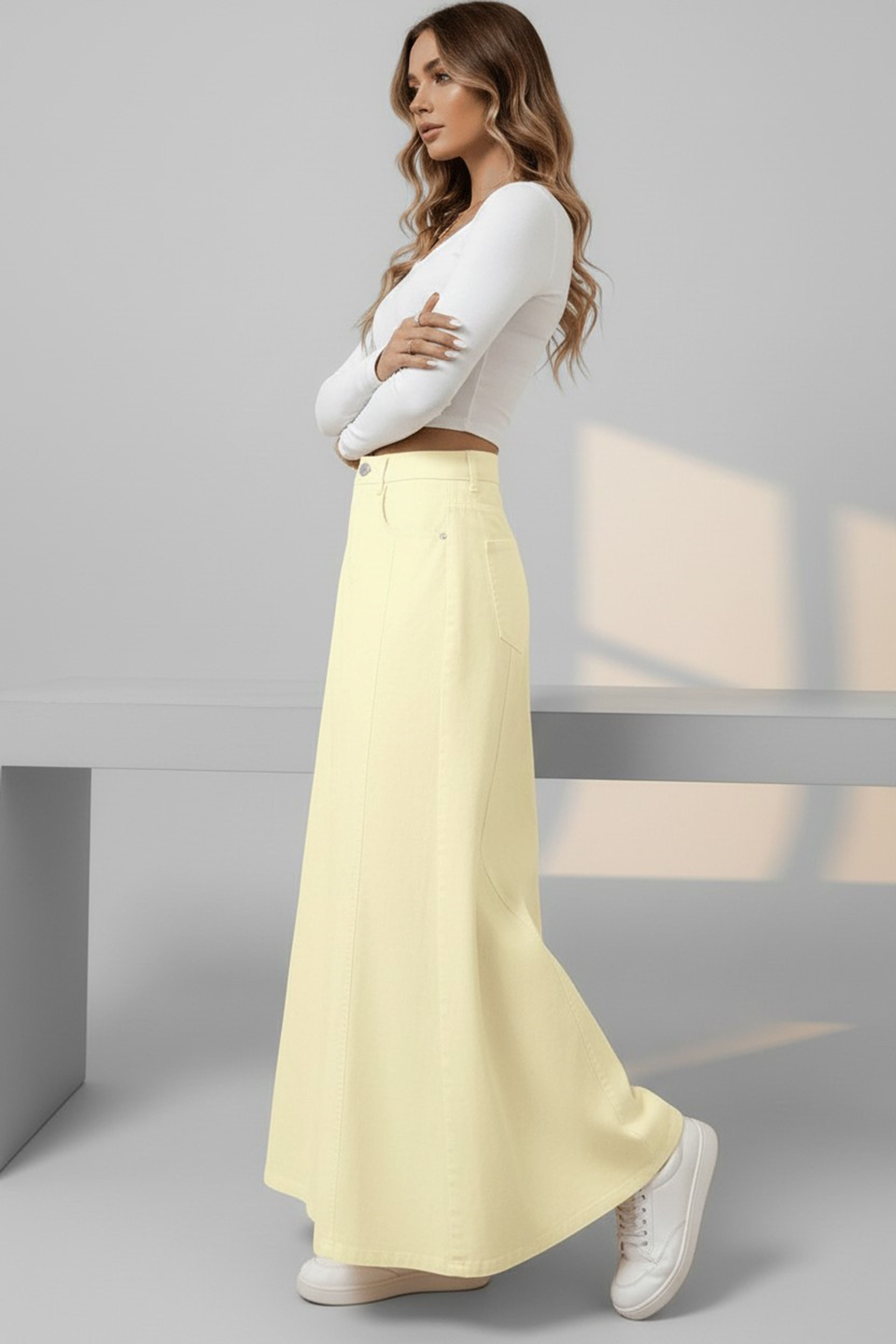 Paneled Long Denim Skirt