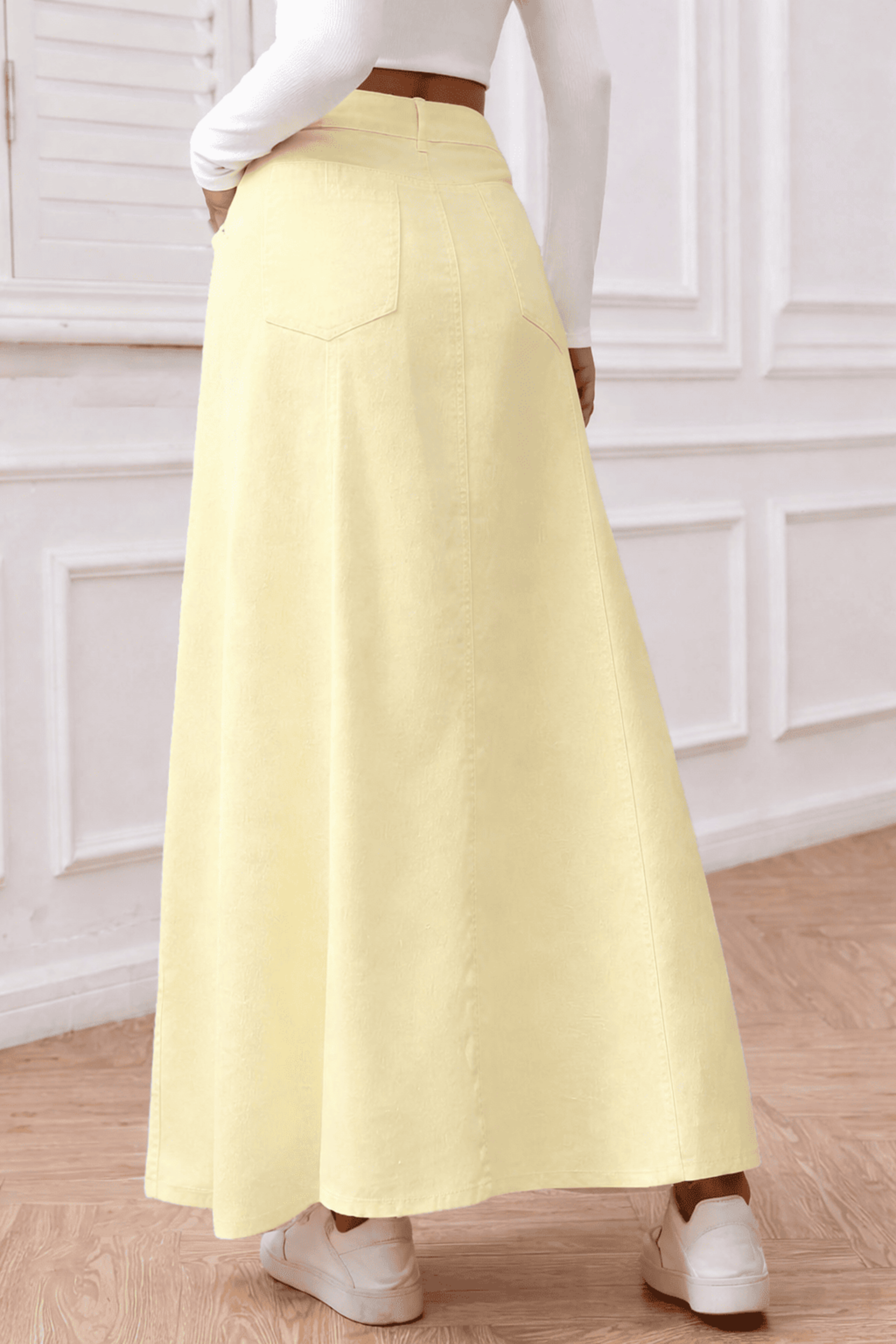 Paneled Long Denim Skirt