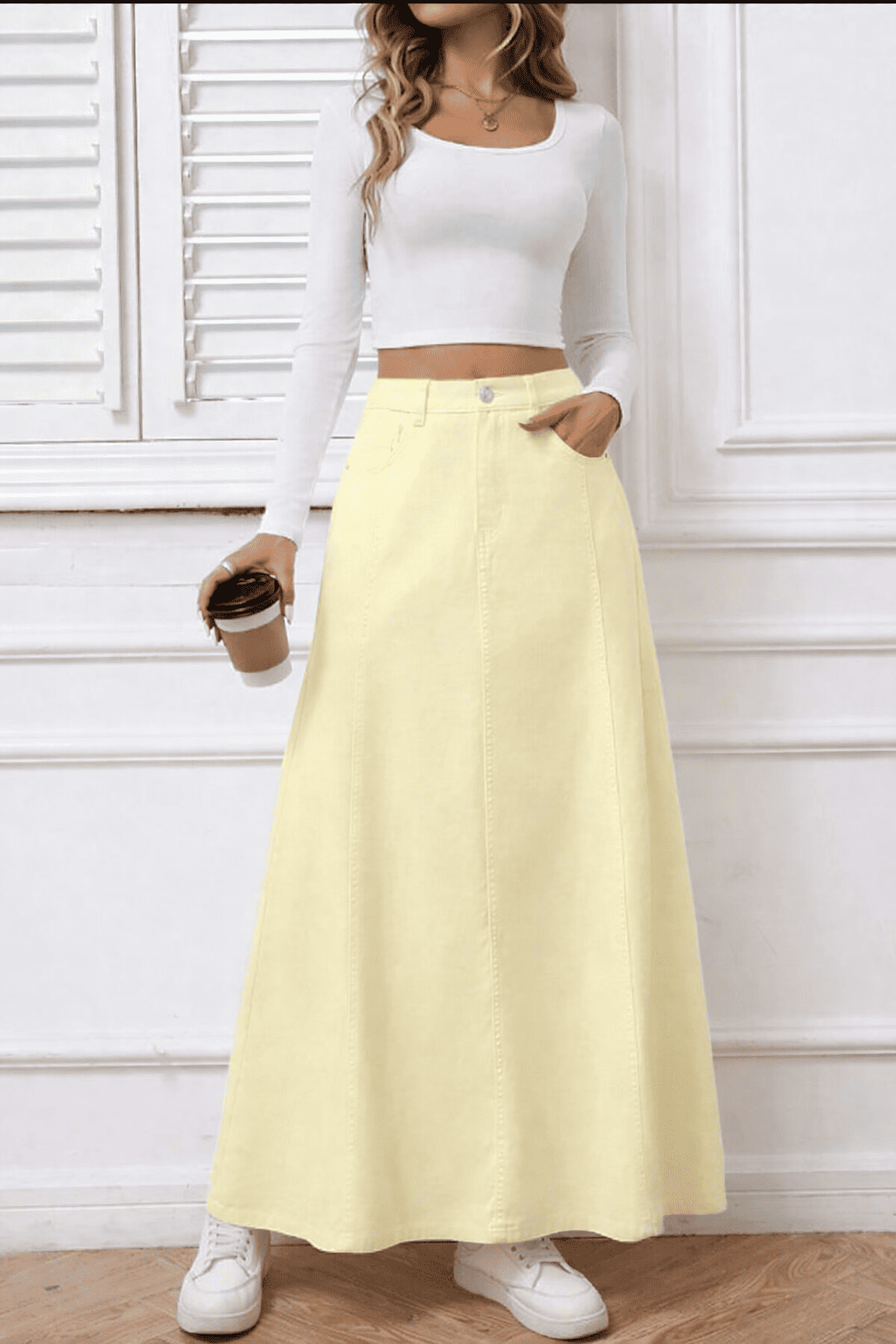 Paneled Long Denim Skirt