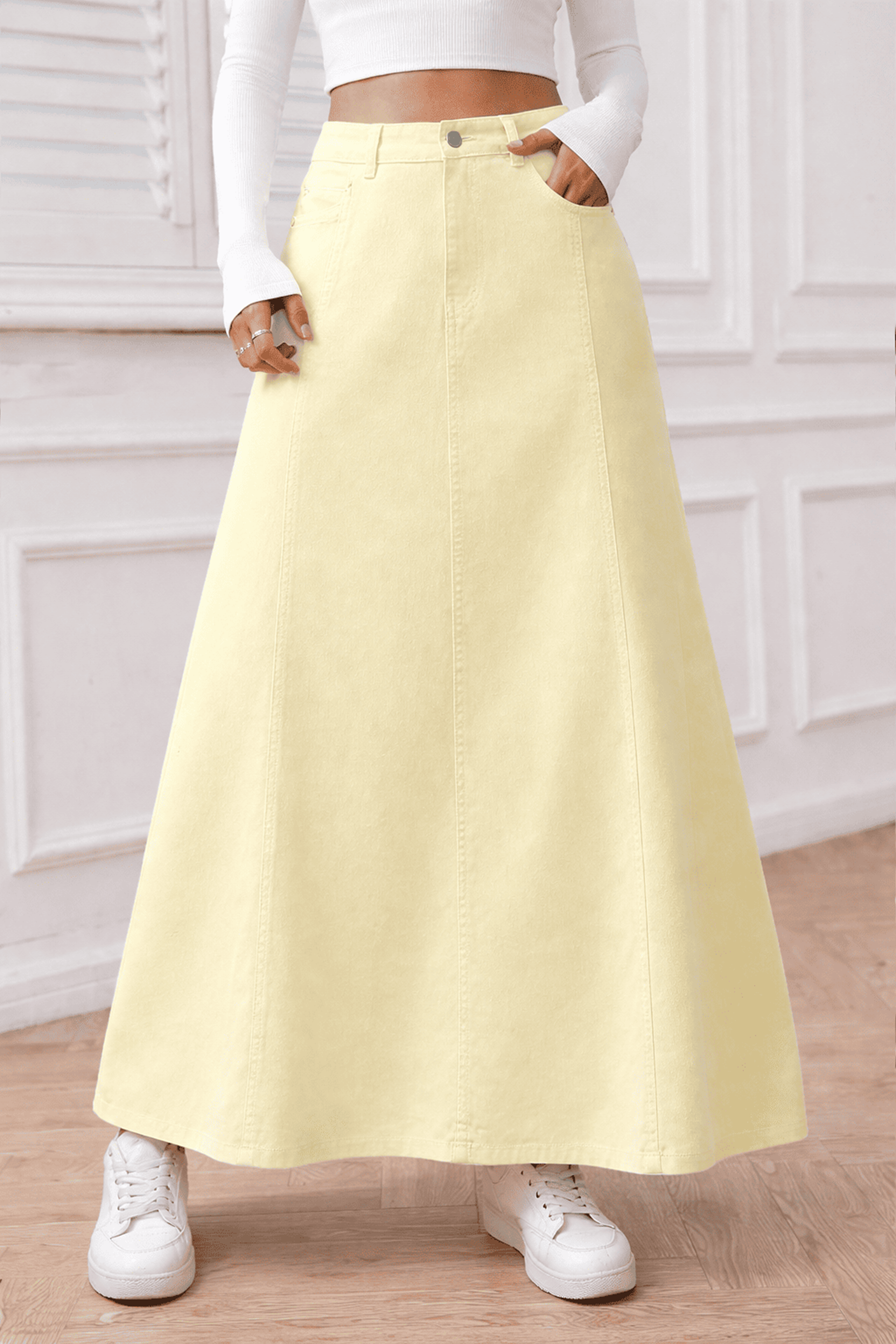 Paneled Long Denim Skirt