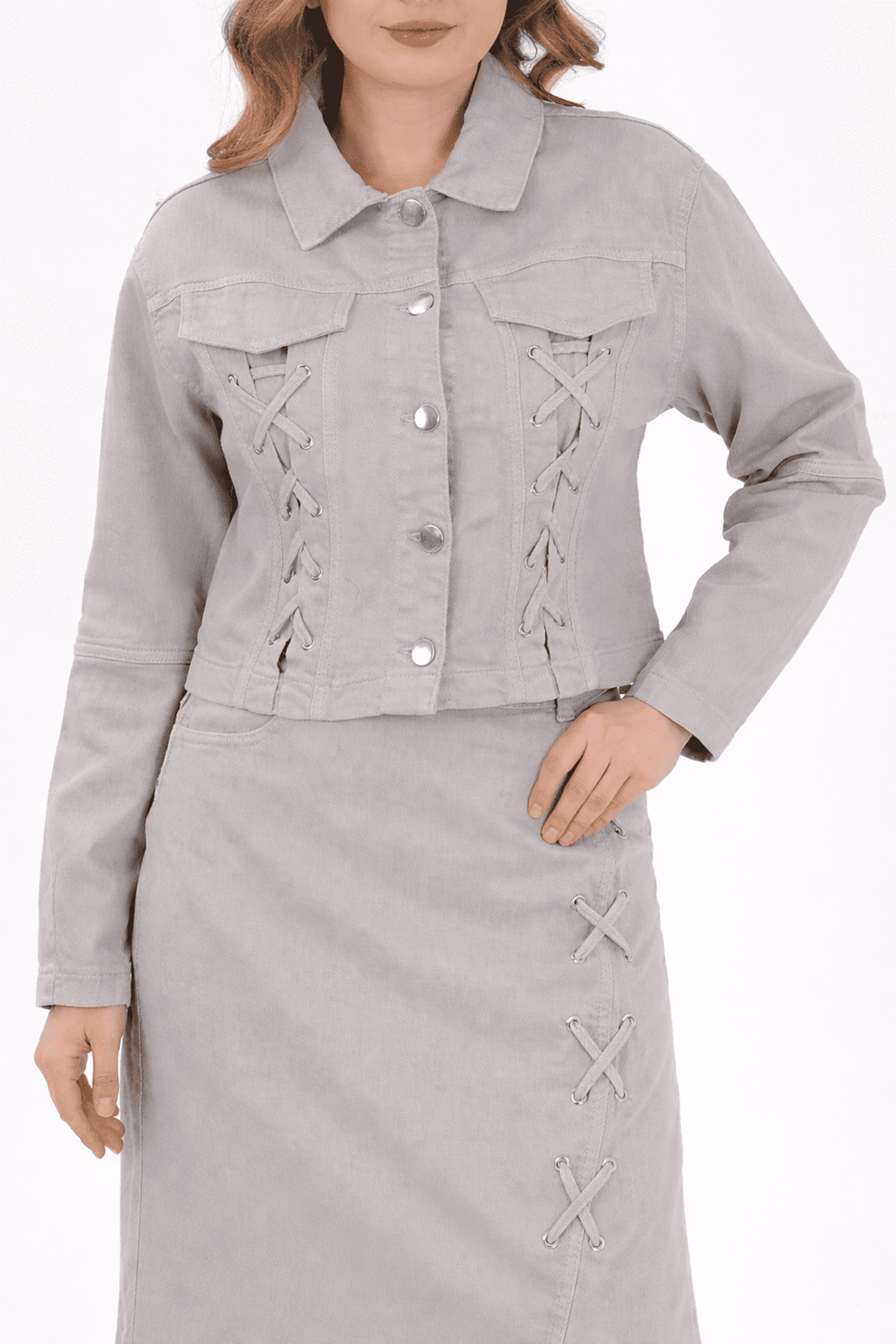 جاكيت وتنورة دنيم بتفاصيل أربطة – أنثراسيت فاتح