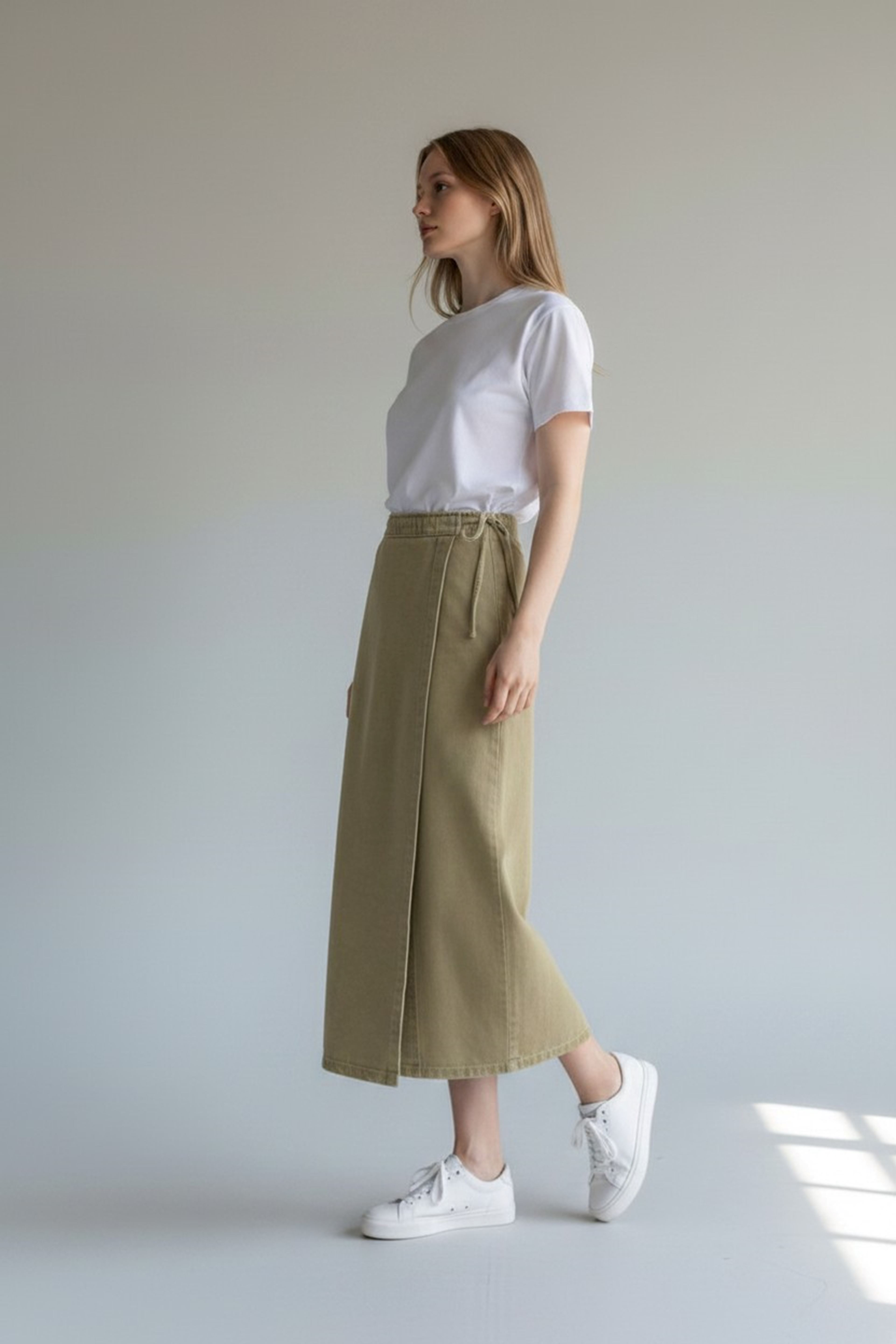 YANDAN BAĞLAMALI DENİM ETEK- HAKİ