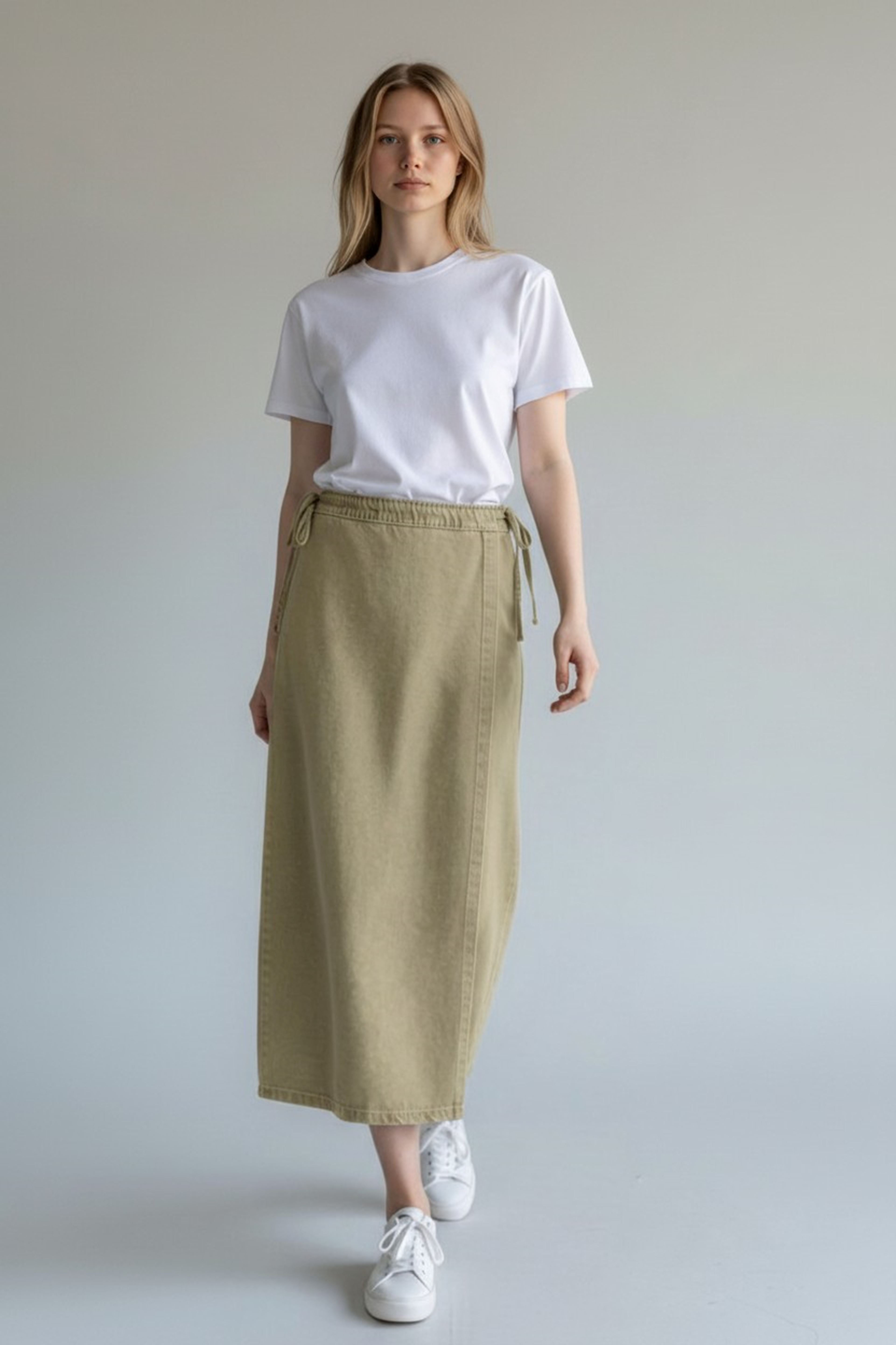 YANDAN BAĞLAMALI DENİM ETEK- HAKİ