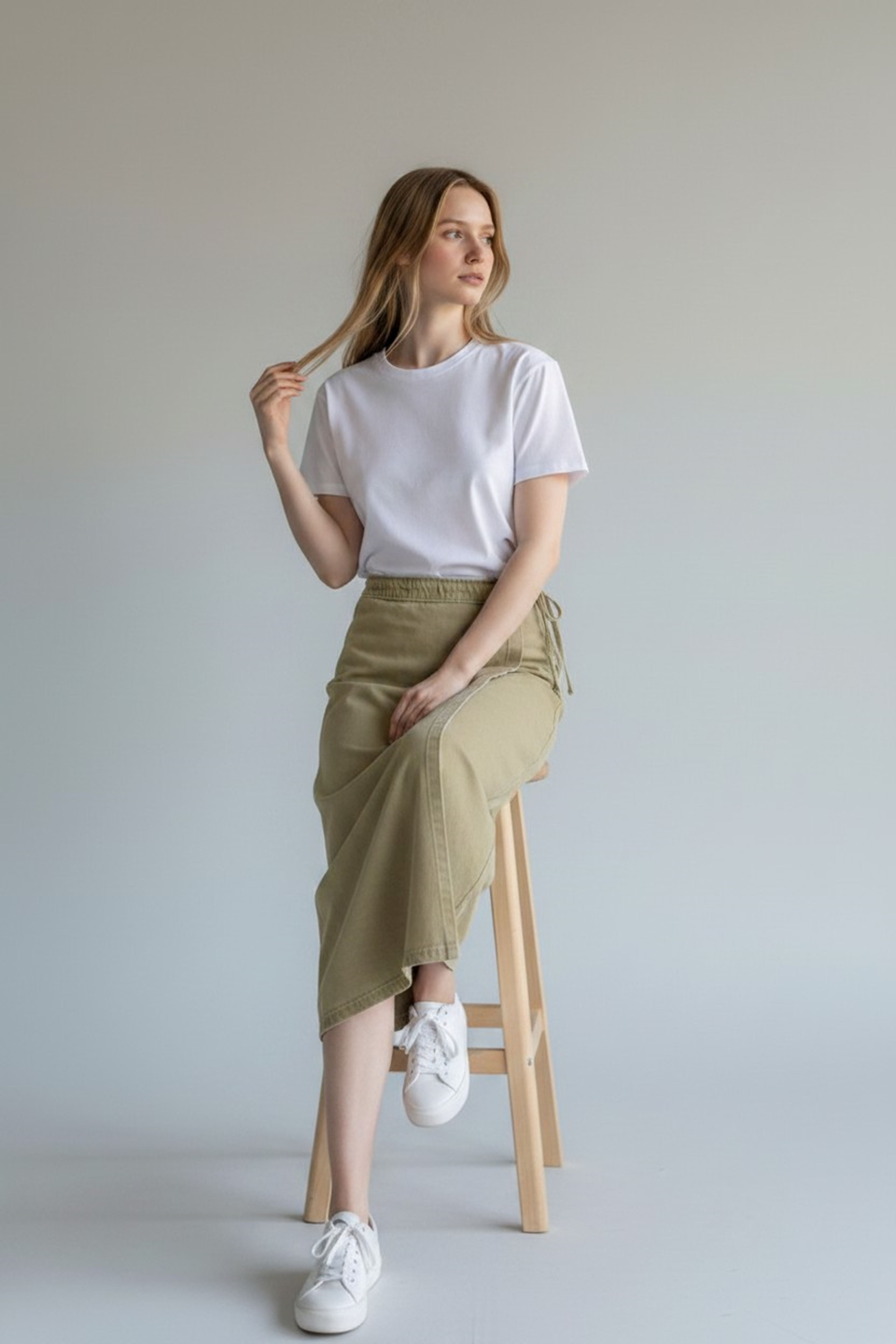 YANDAN BAĞLAMALI DENİM ETEK- HAKİ