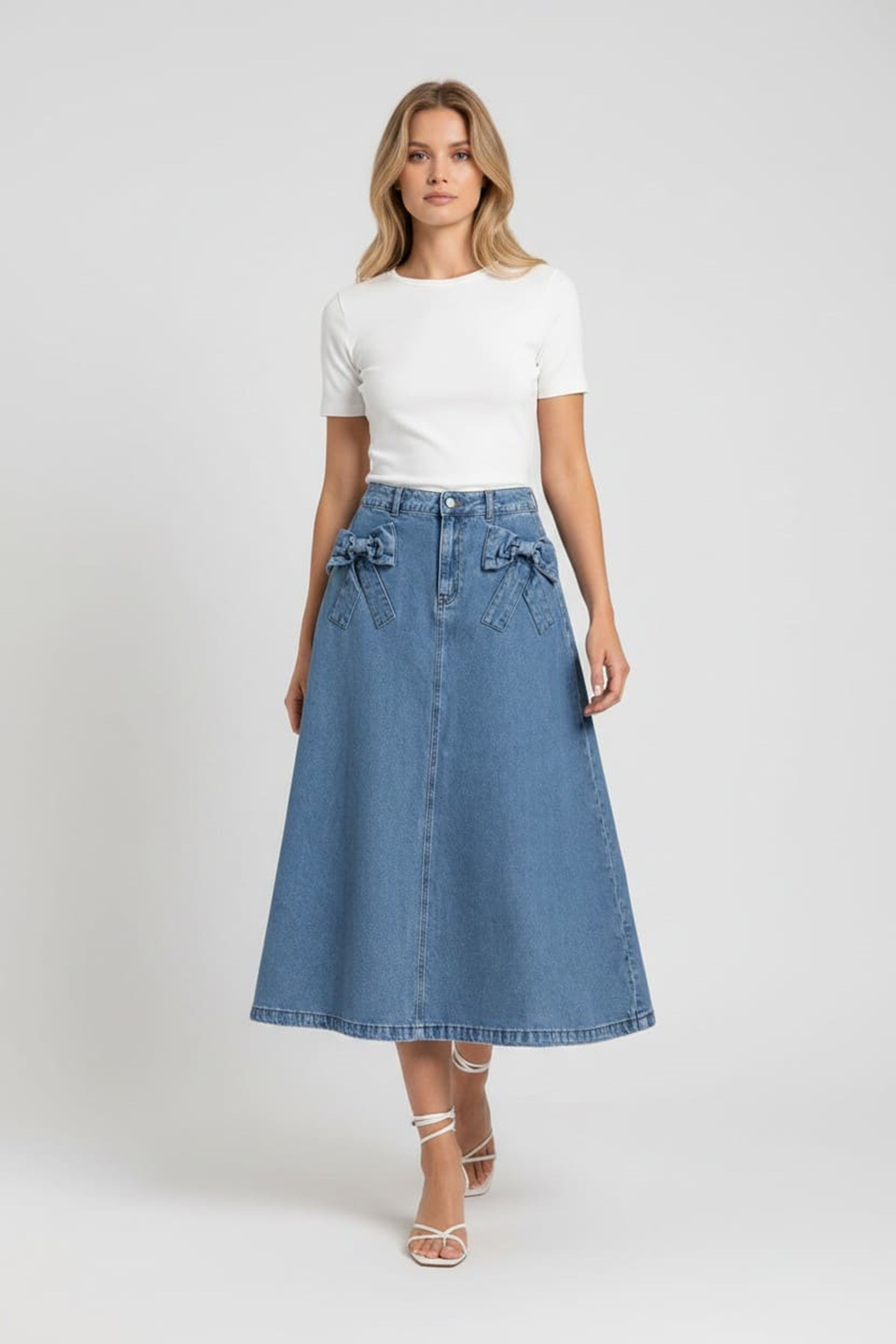 DENIM SKIRT WITH RIBBON DETAIL - BLUE
