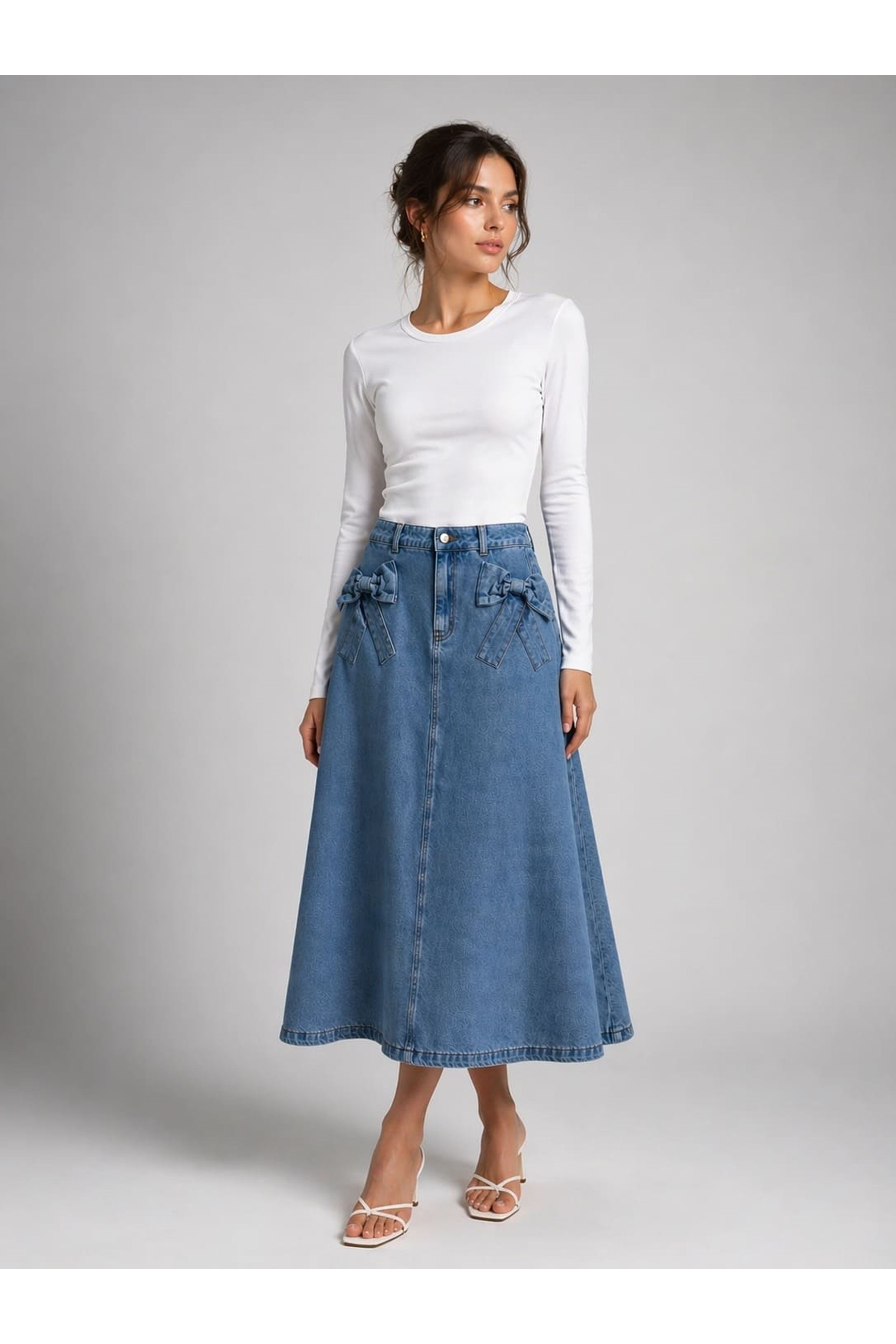 DENIM SKIRT WITH RIBBON DETAIL - BLUE