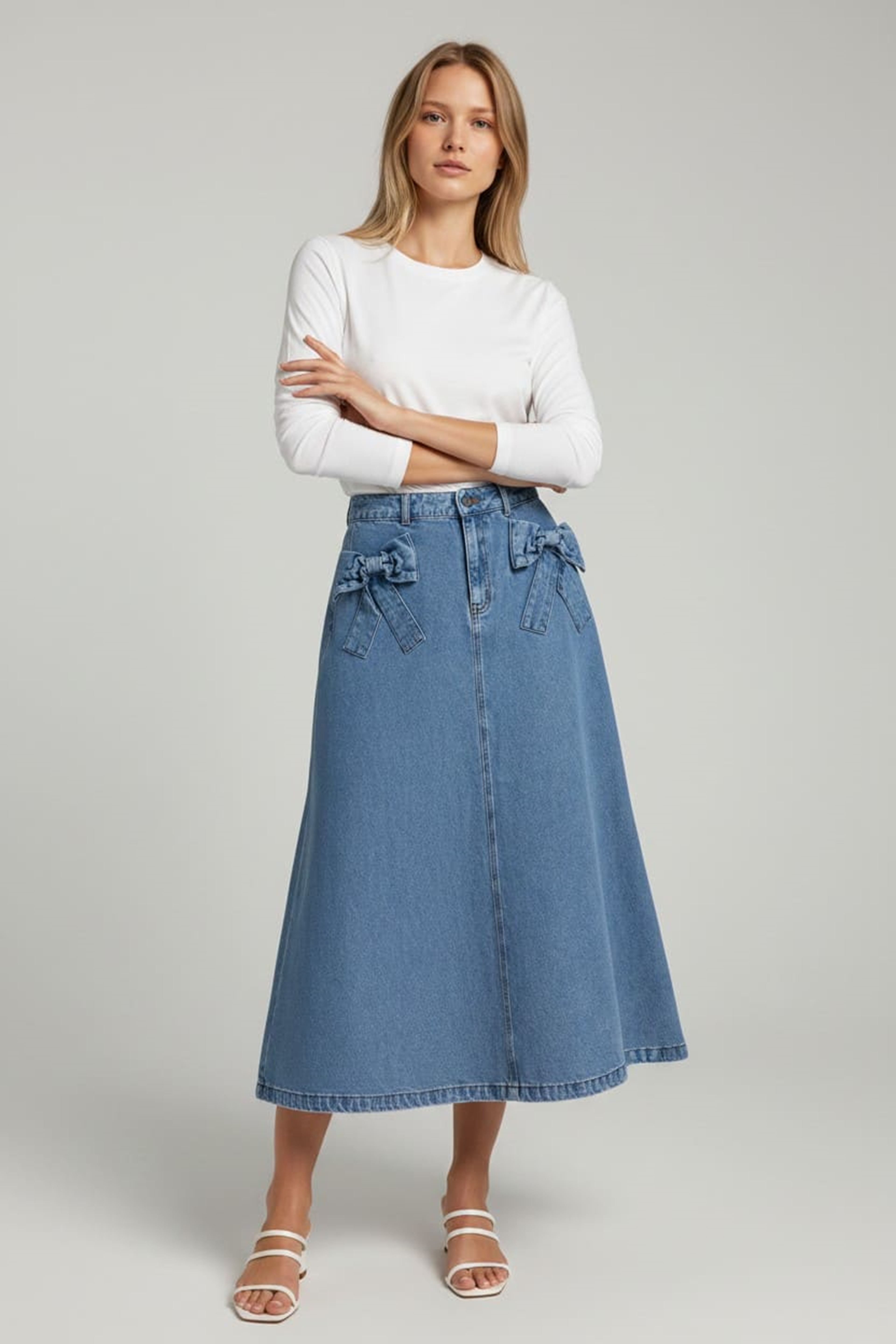 DENIM SKIRT WITH RIBBON DETAIL - BLUE