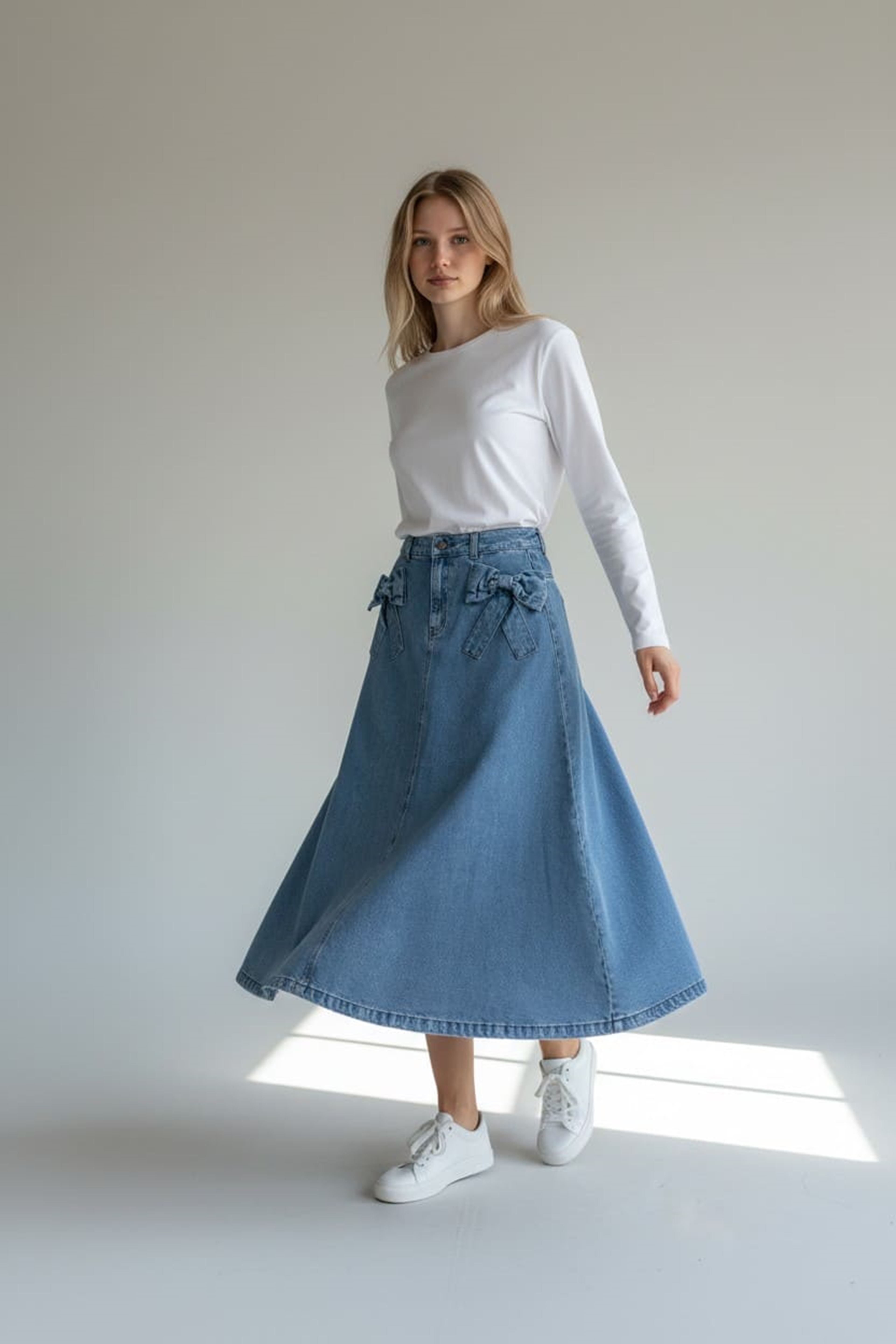 DENIM SKIRT WITH RIBBON DETAIL - BLUE