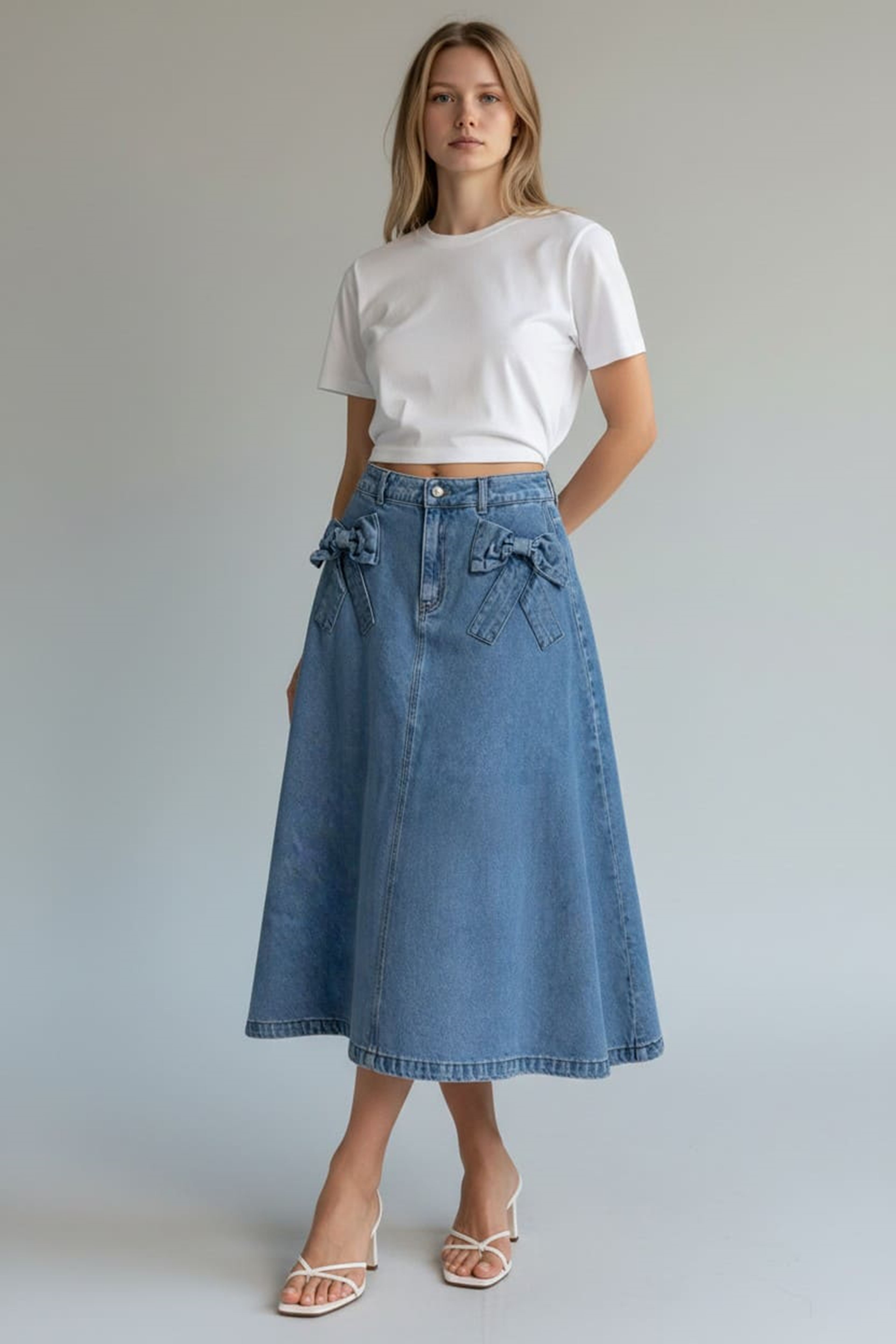 DENIM SKIRT WITH RIBBON DETAIL - BLUE